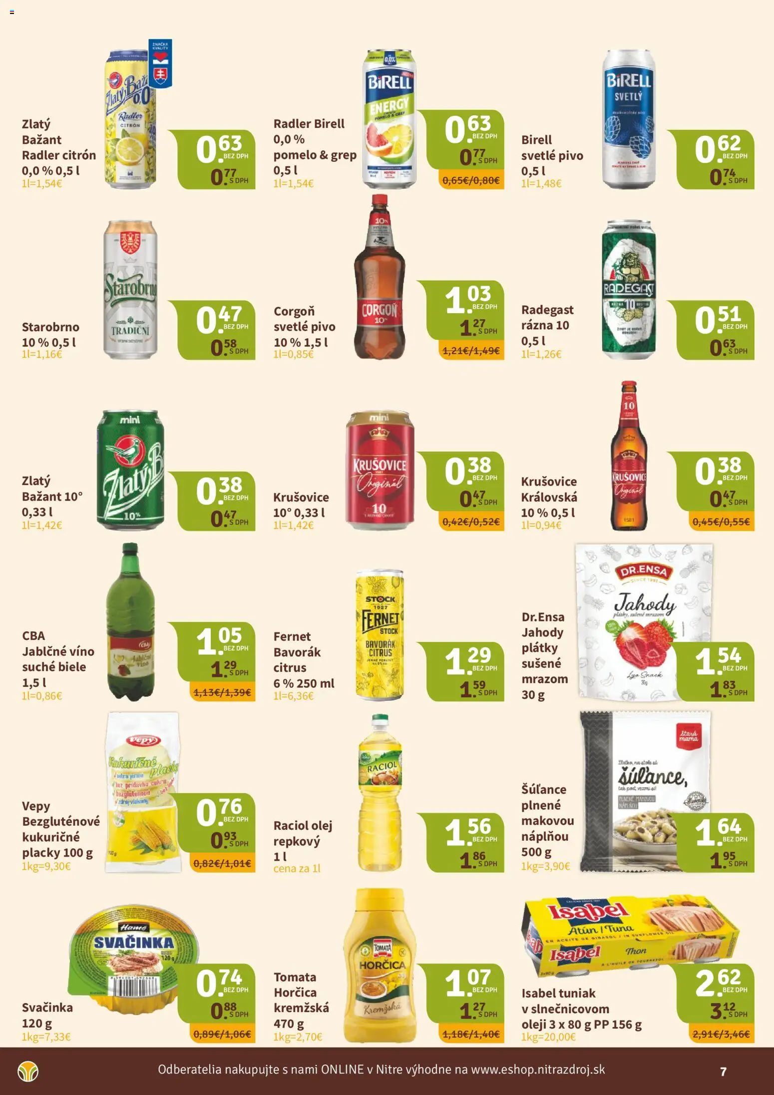 Nové Nitrazdroj akcie – leták je platný od 07.05.2026 | Strana: 7 | Produkty: Pivo, Tuniak, Fernet, Fernet Stock