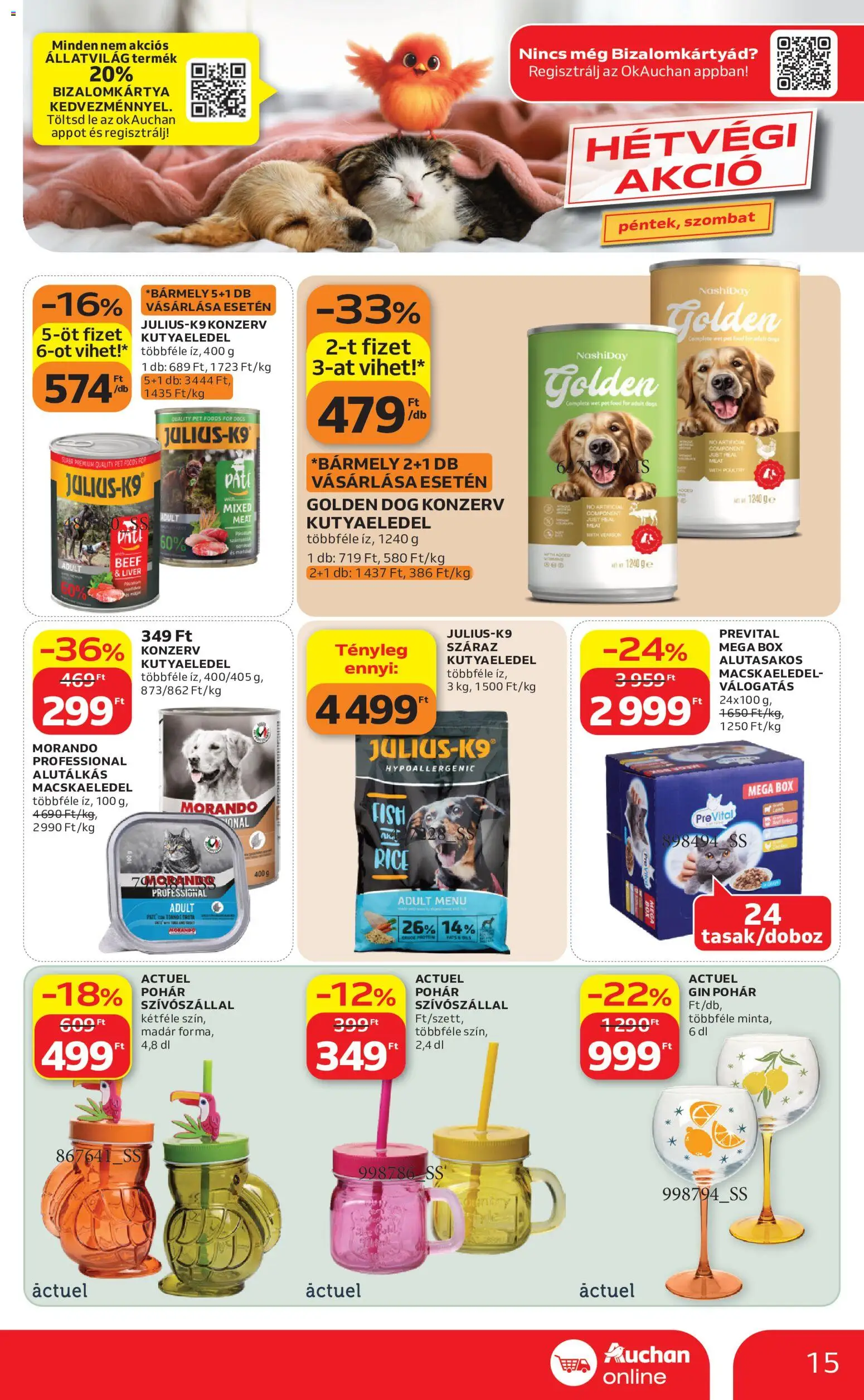 Auchan akciós ujság - amely érvényes a következő dátumtól: 11.06.2026 | Oldal: 15 | Termékek: Kutyaeledel, Protein, Gin, Pohár