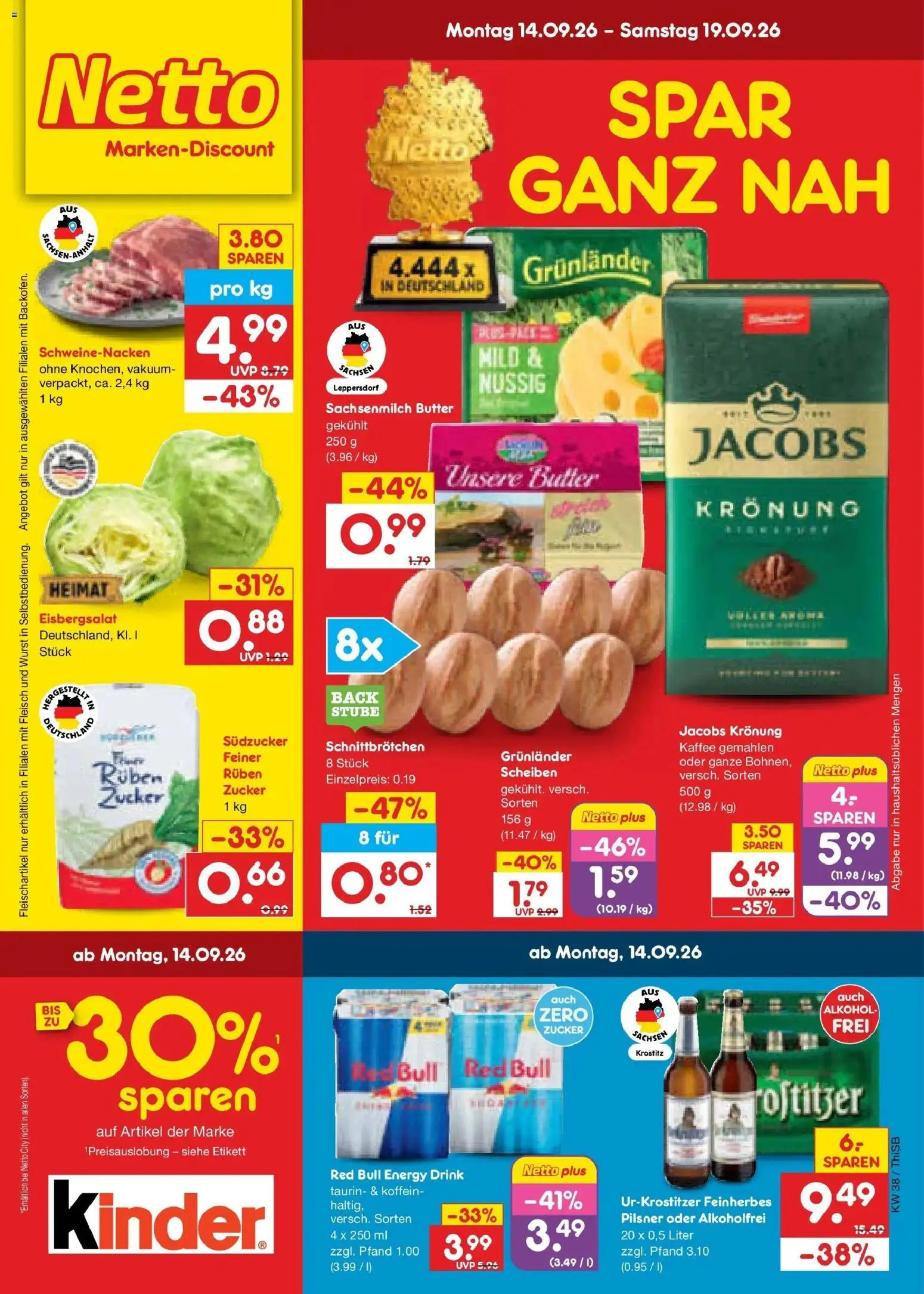 Netto Marken-Discount Prospekt Pirna – gültig ab 14.09.2026 | Seite: 1 | Produkte: Red bull, Kaffee, Schweinenacken, Zucker