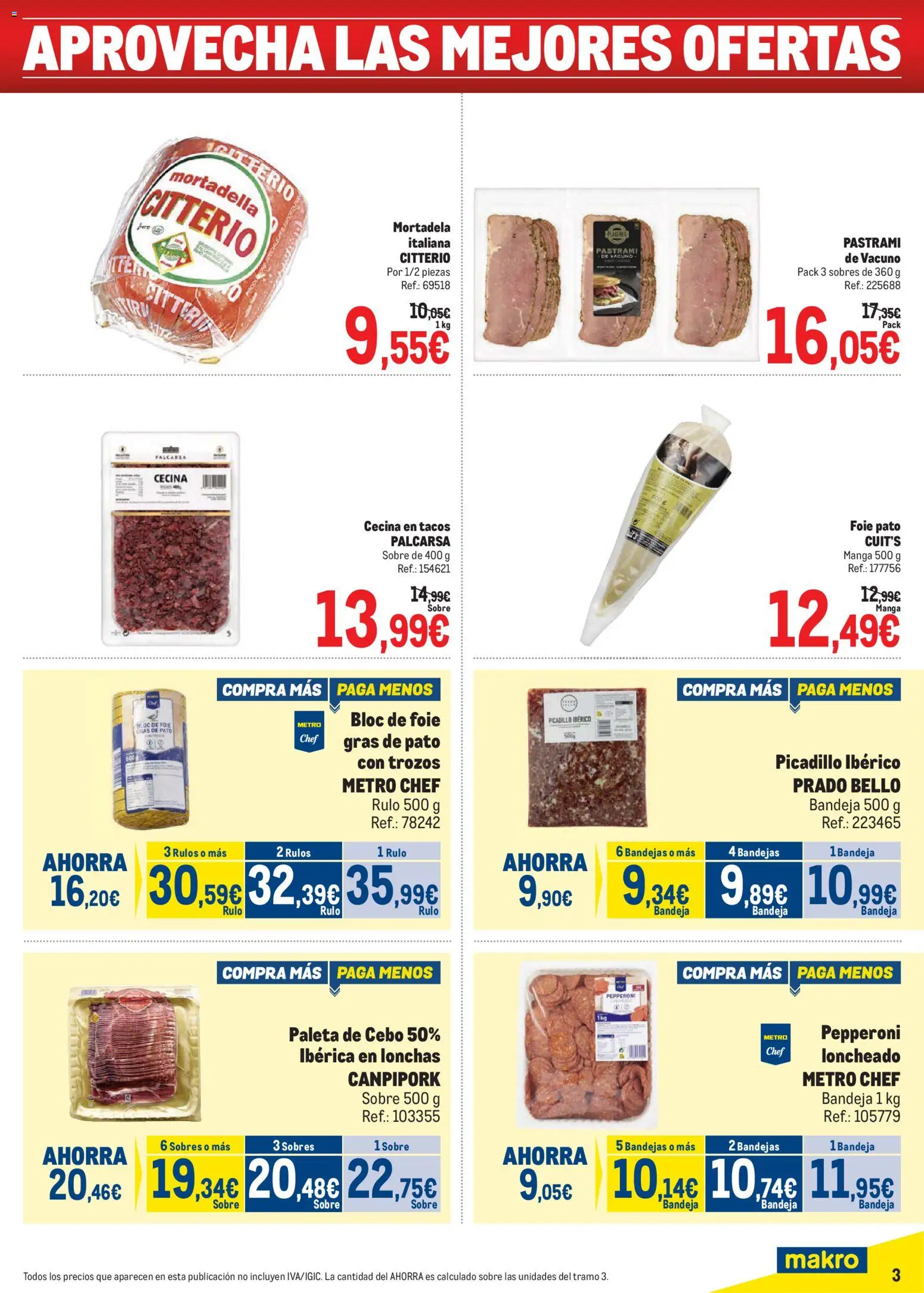 Makro Precios Canarias │ válido desde el 04.05.2026 | Página: 3 | Productos: Tacos, Mortadela, Bandeja, Loncheado