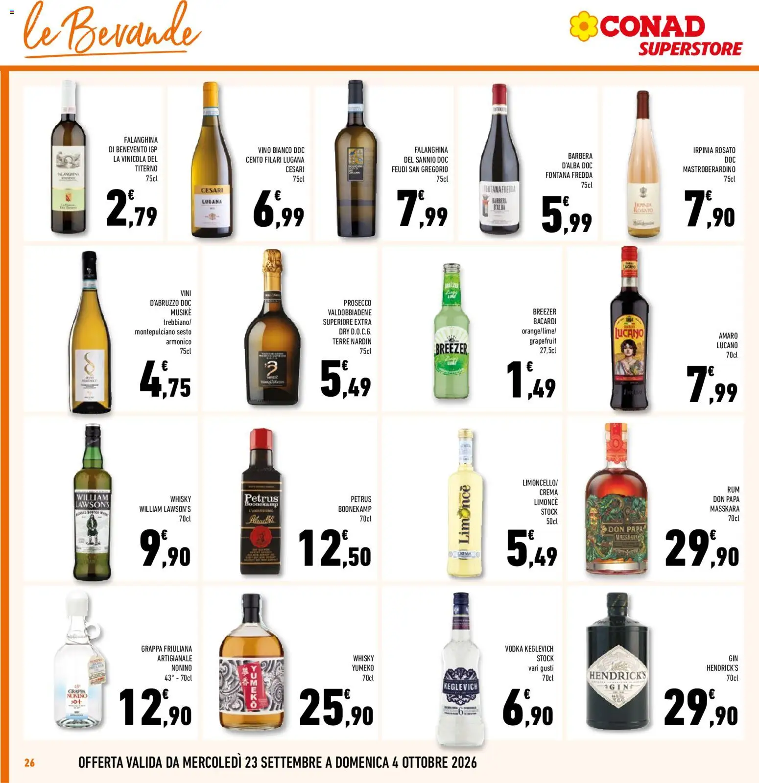 Volantino Conad del 23/09/2026 | Pagina: 26 | Prodotti: Bevande, Vino, Rum, Gin Hendrick’s