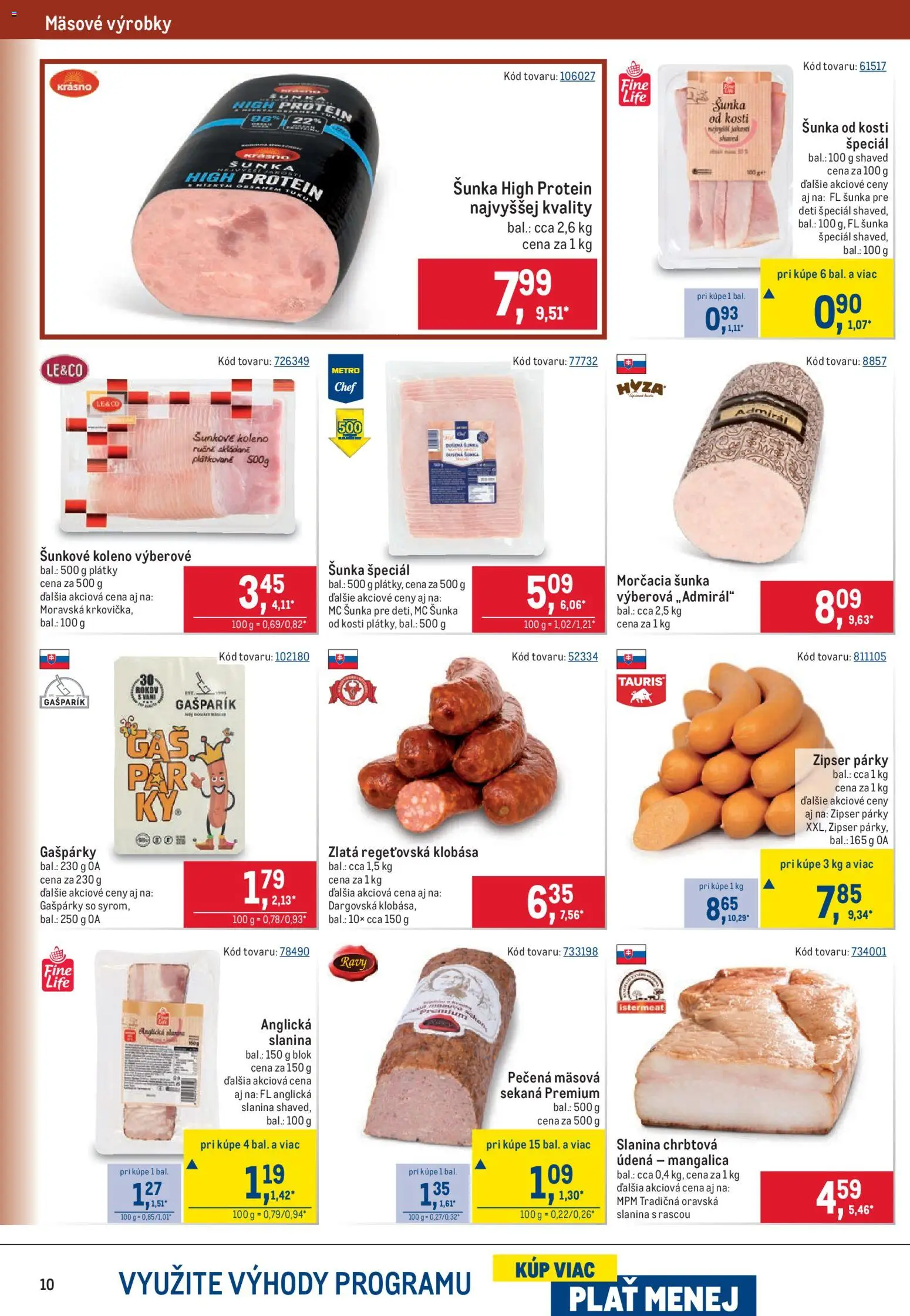 Nové Metro akcie – leták je platný od 29.07.2026 | Strana: 10 | Produkty: Šunka, Slanina, Klobása, Párky