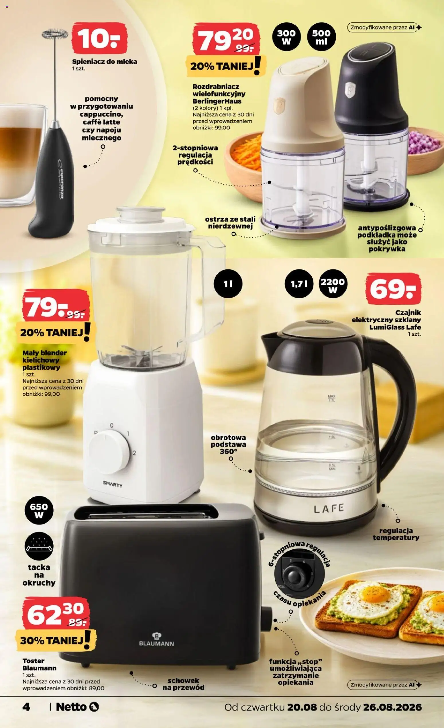 Netto gazetka od czwartku NonFood od 20.08.2026 | Strona: 4 | Produkty: Czajnik elektryczny, Mleka, Blender, Blender kielichowy