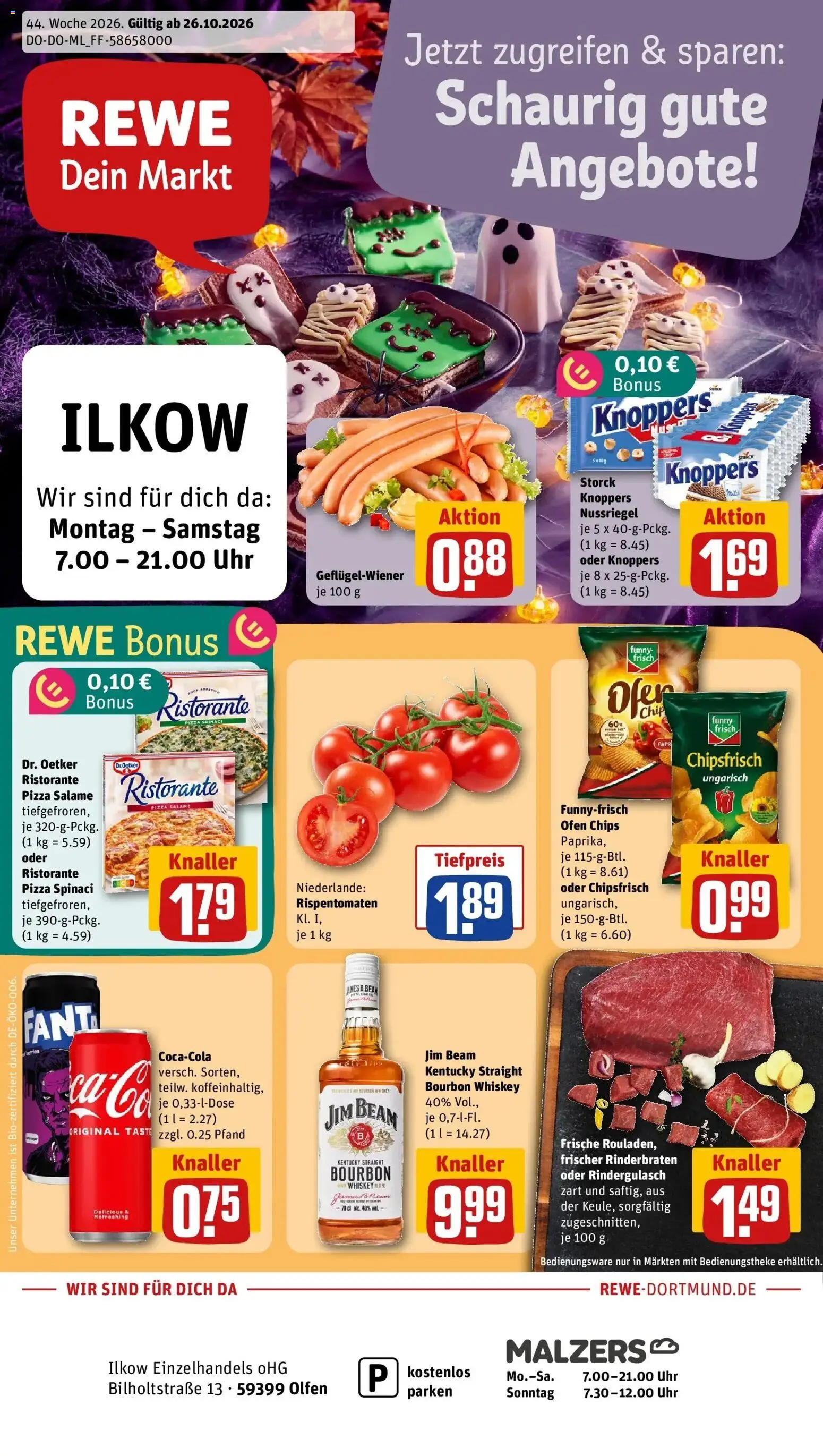 REWE Prospekt ab 26.10.2026 zum Blättern » Angebote | Seite: 1 | Produkte: Jim beam, Knoppers, Whiskey, Uhr