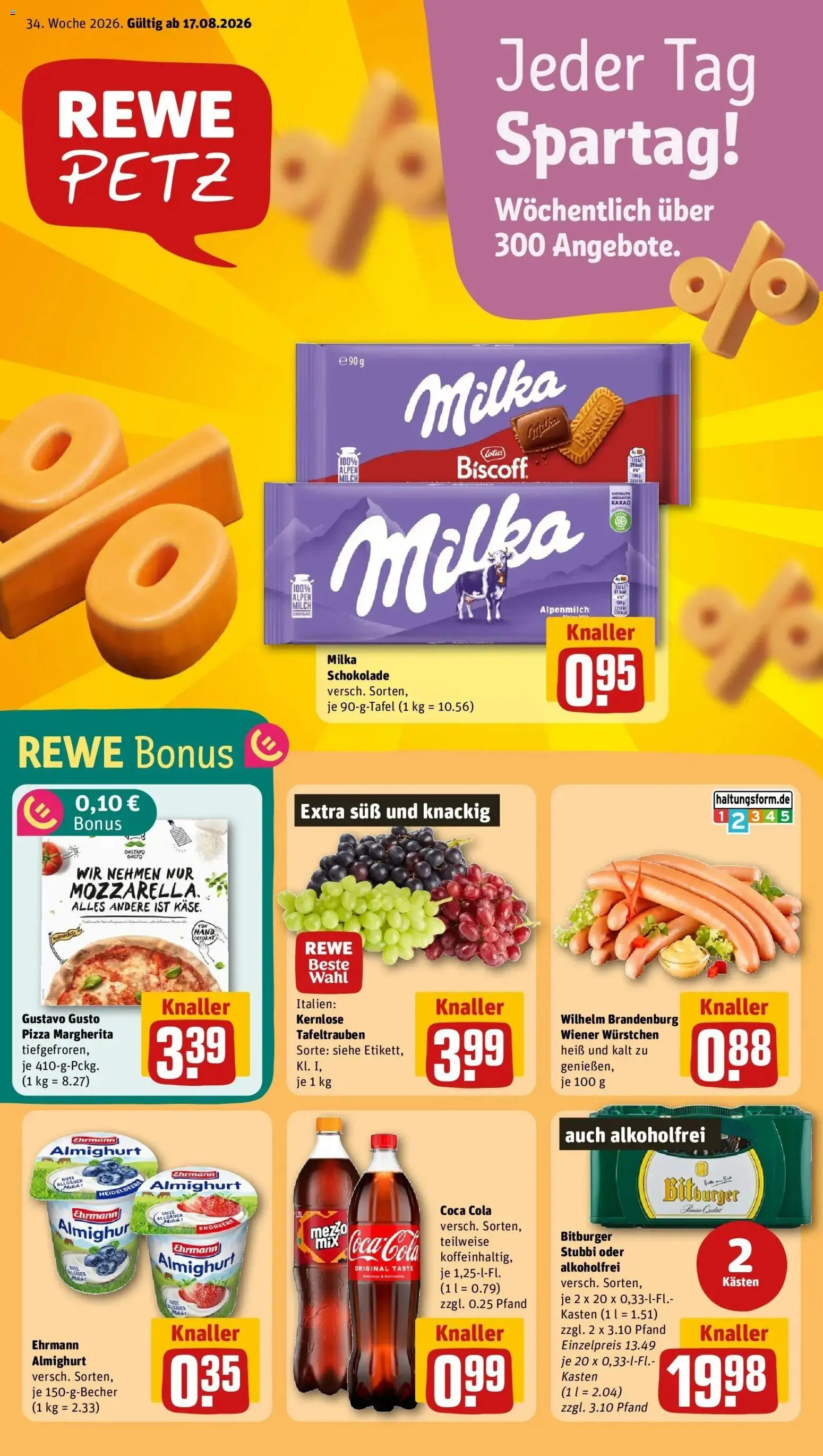 REWE Prospekt ab 17.08.2026 zum Blättern » Angebote | Seite: 1 | Produkte: Gustavo gusto, Bitburger, Coca cola, Cola
