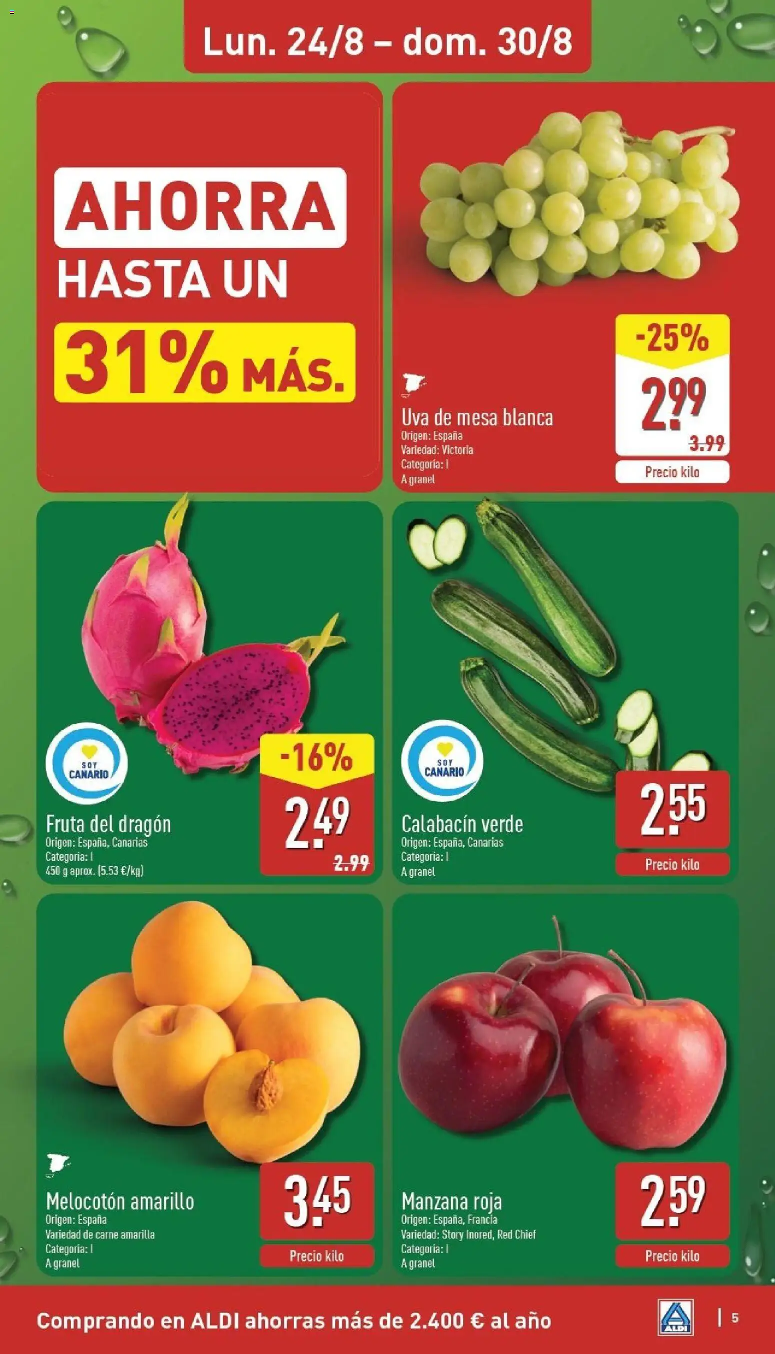 Aldi folleto Canarias │ válido desde el 24/08/2026 | Página: 5 | Productos: Calabacín, Manzana, Melocotón amarillo, Carne