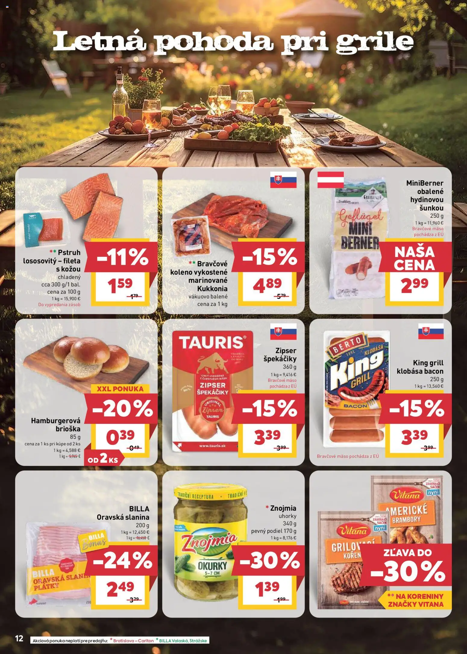 Nové Billa akcie – leták je platný od 22.07.2026 | Strana: 12 | Produkty: Koleno, Slanina, Klobása, Mäso