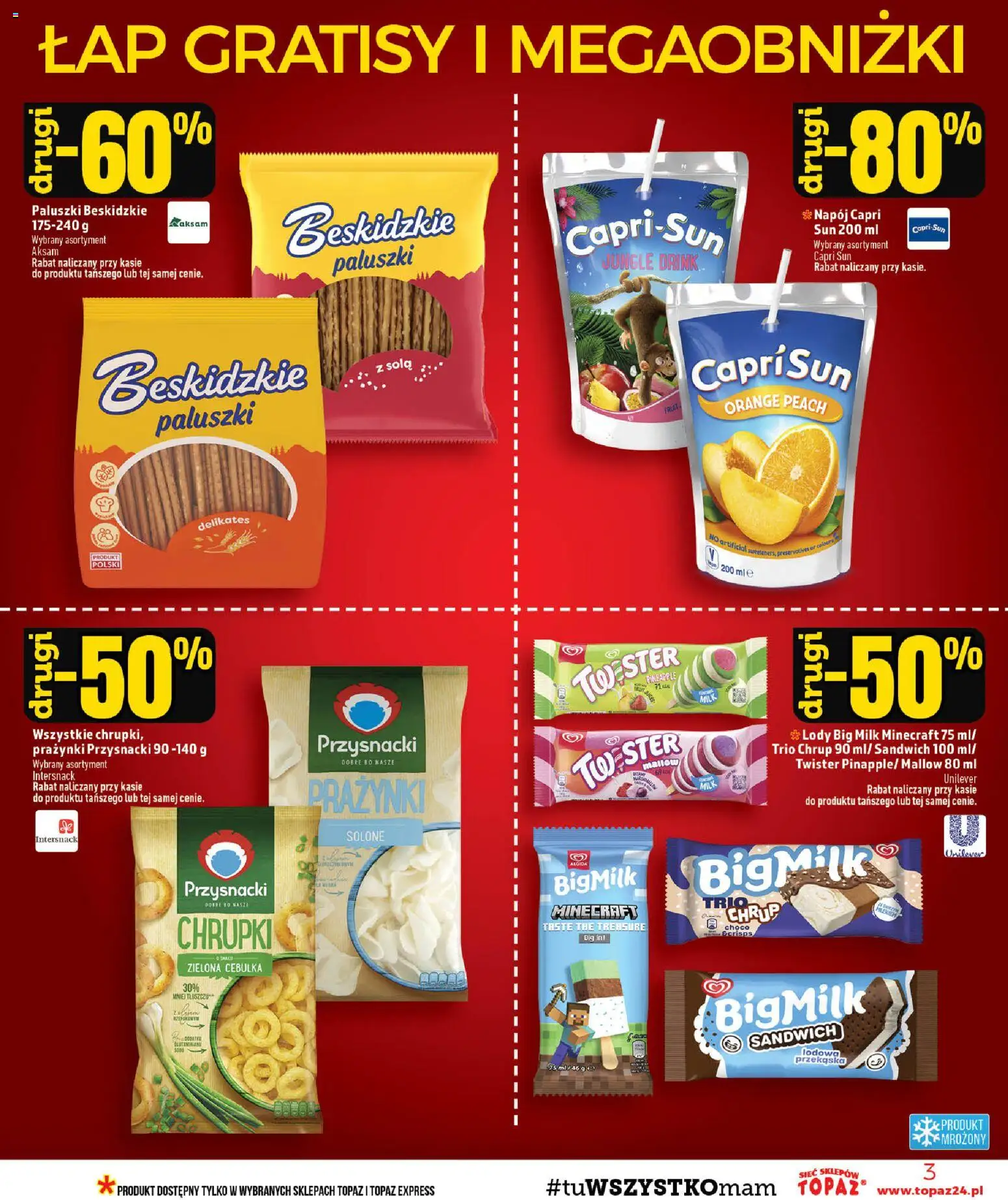Topaz gazetka od 06.08.2026 | Strona: 3 | Produkty: Chrupki, Sandwich, Big Milk, Paluszki