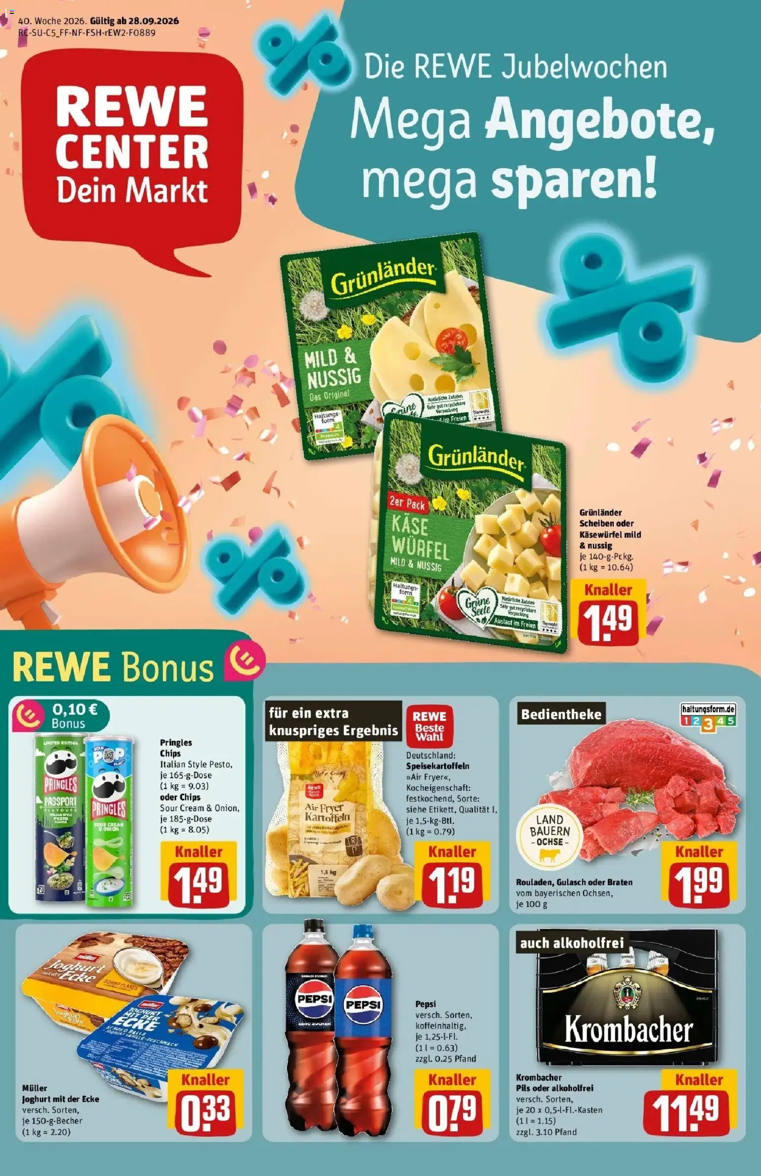 REWE Prospekt ab 28.09.2026 zum Blättern » Angebote | Seite: 1 | Produkte: Joghurt, Pils, Gulasch, Krombacher