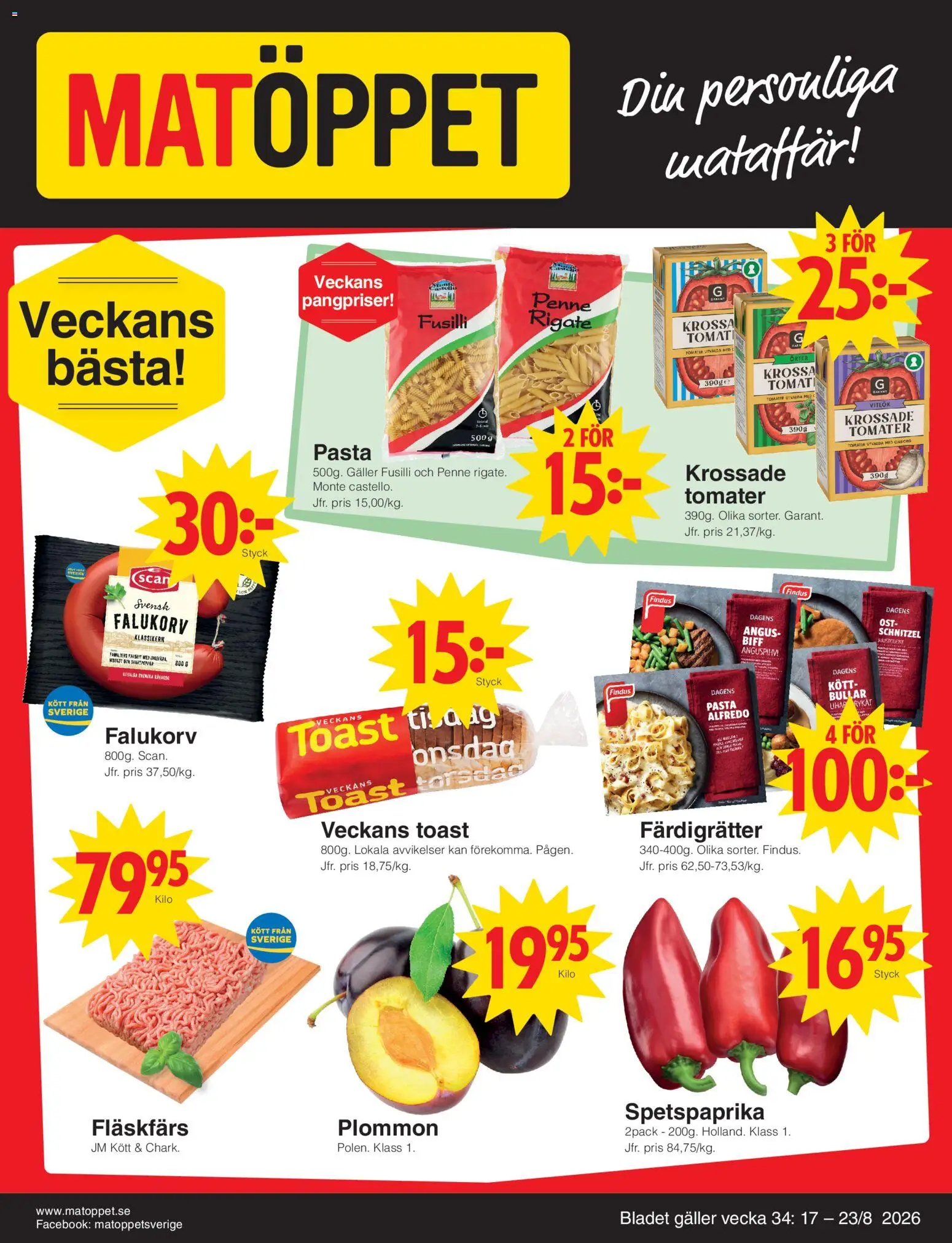 Matöppet reklamblad aktuell från 17/08/2026 | Sida: 1 | Produkter: Färdigrätter, Vitlök, Kött, Pasta