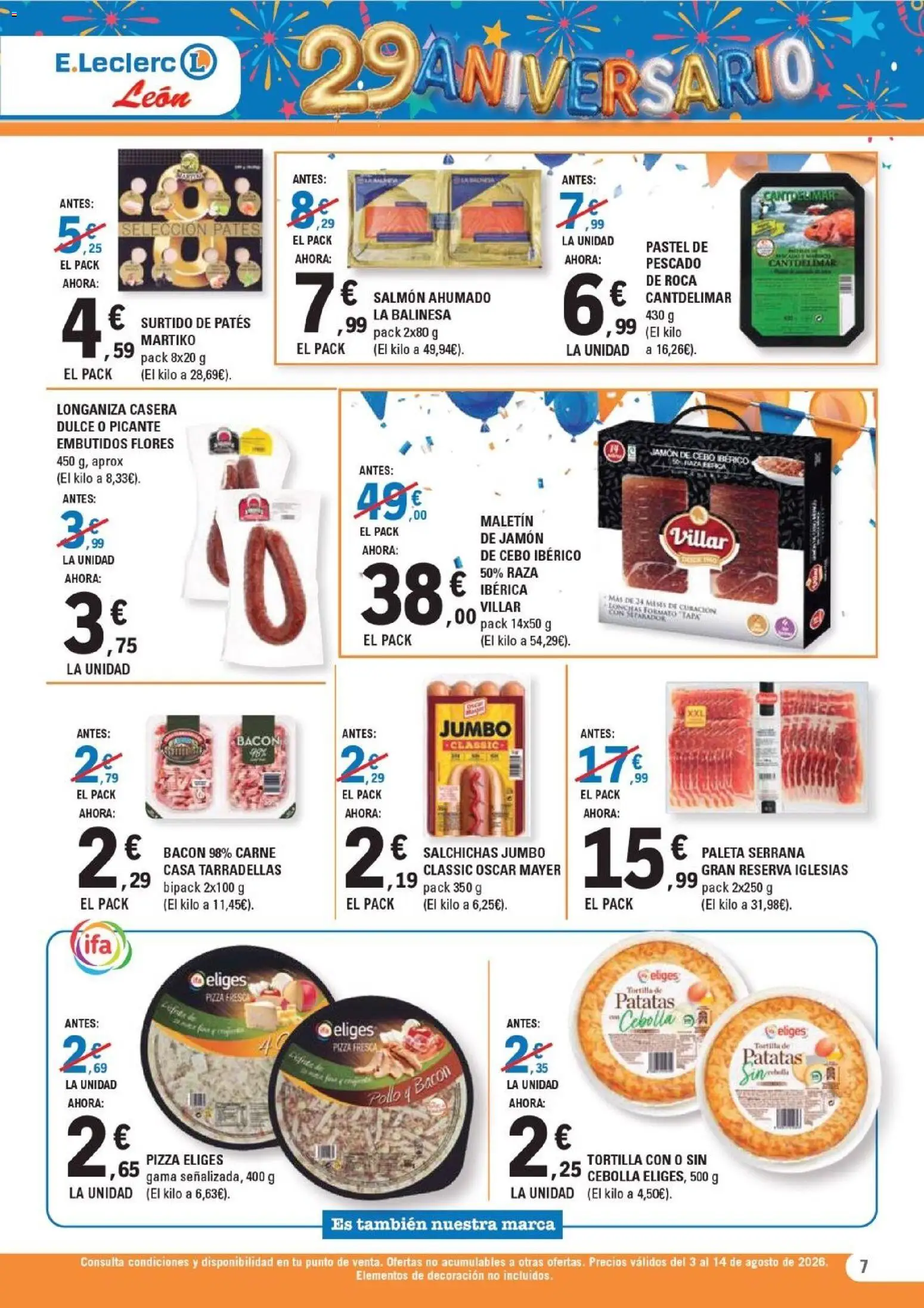 E.Leclerc - León │ válido desde el 03/08/2026 | Página: 7 | Productos: Jamón, Παγωμένο τσάι, Longaniza, Salmón ahumado