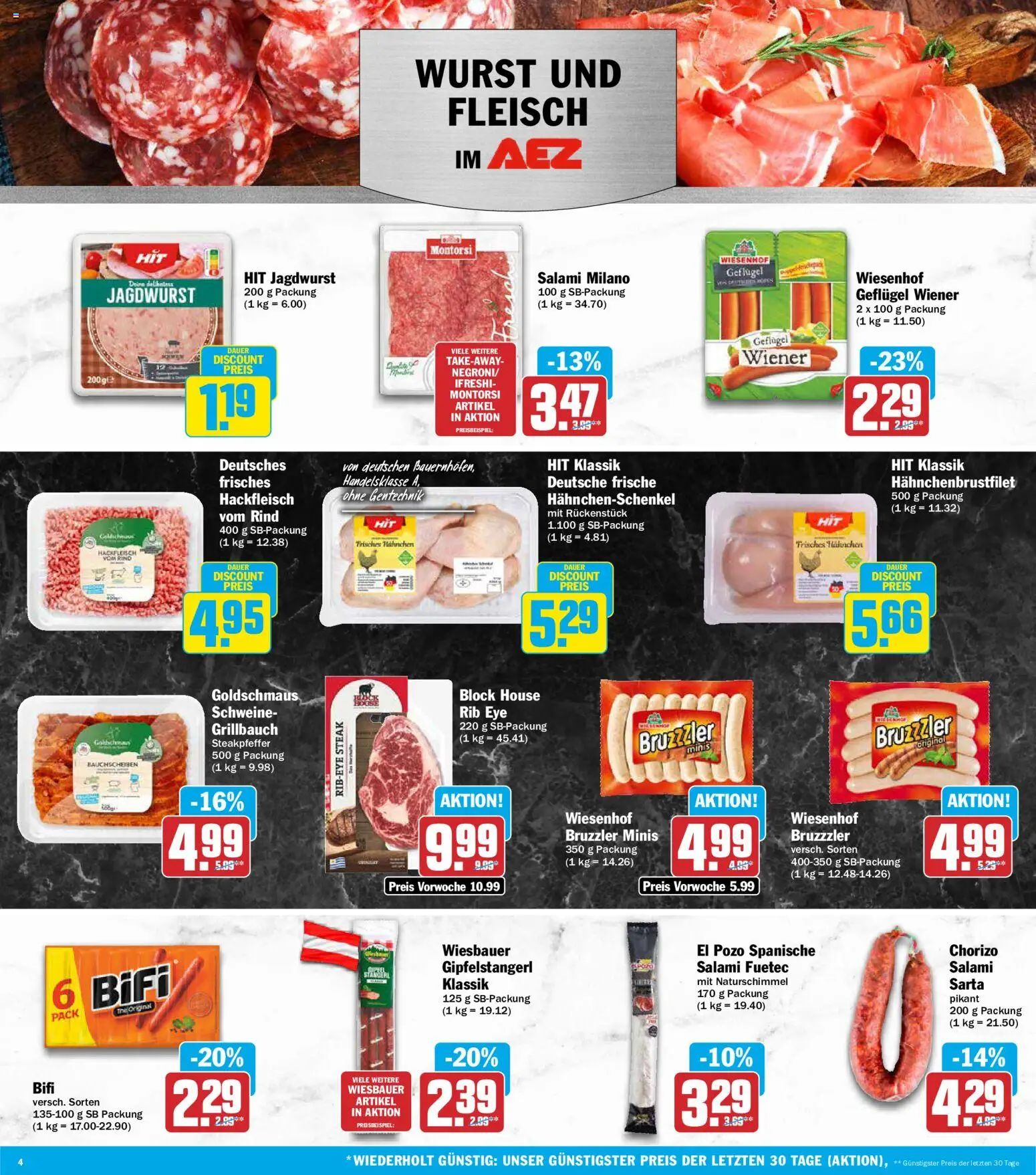 AEZ Prospekt – gültig ab 03.08.2026 | Seite: 4 | Produkte: Hahnchenschenkel, Bifi, Wurst, Salami