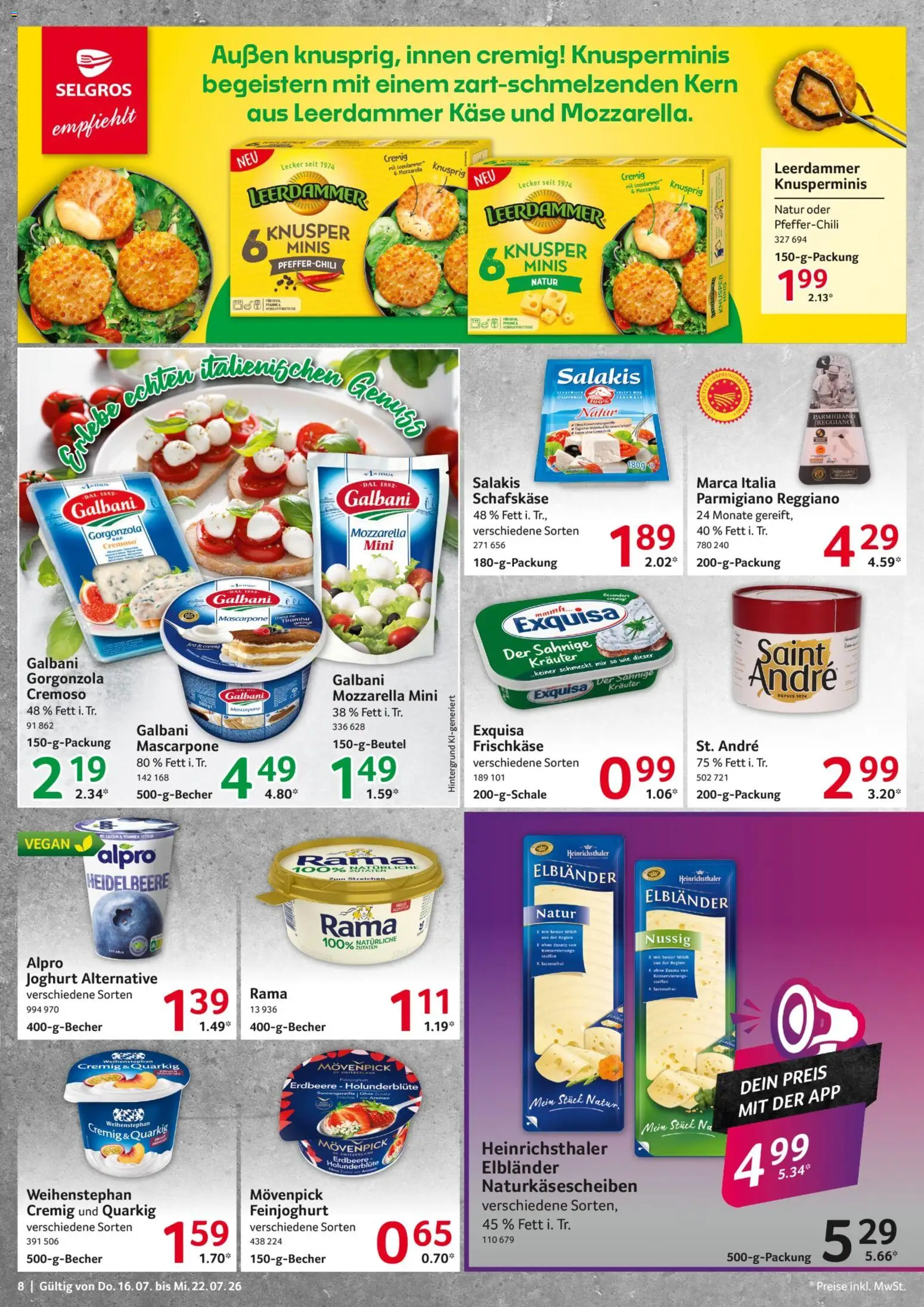 Selgros Prospekt – gültig ab 16.07.2026 | Seite: 8 | Produkte: Rama, Mozzarella, Leerdammer, Exquisa