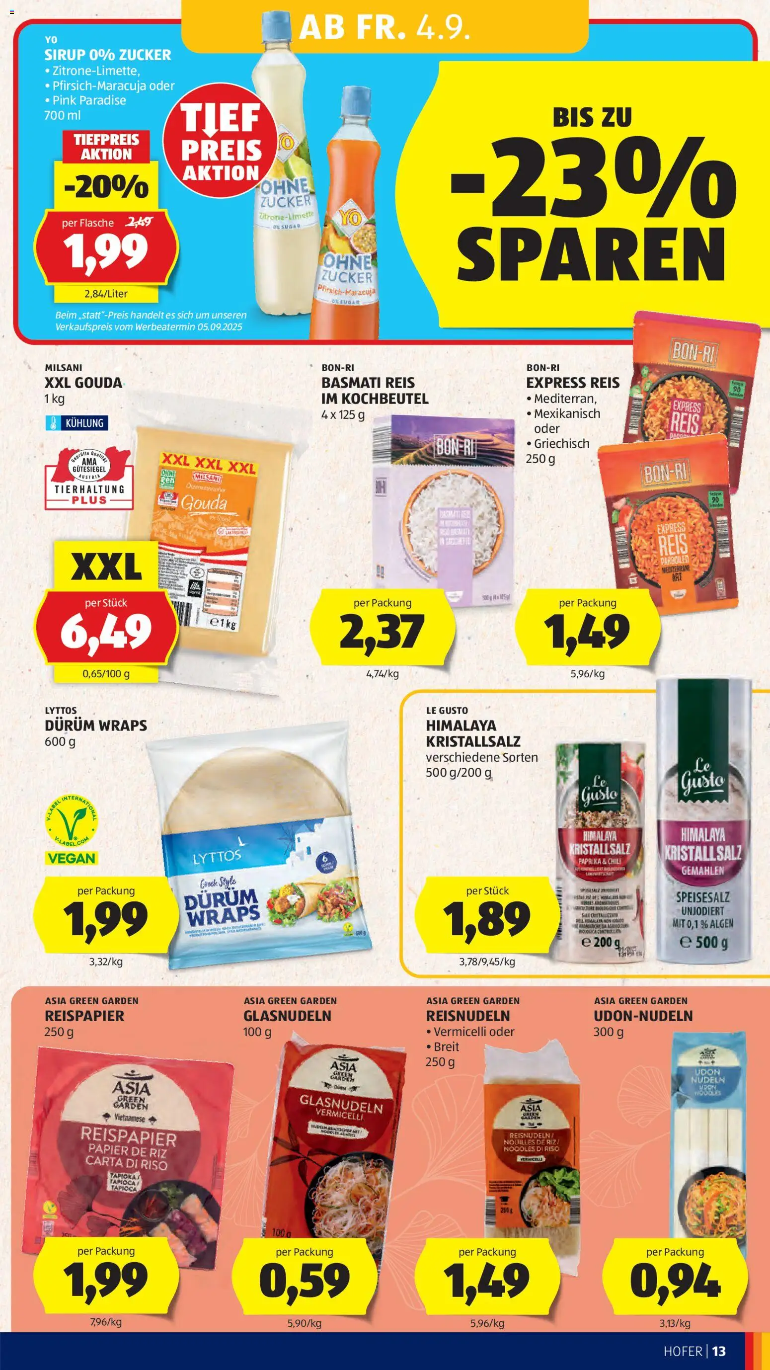 Hofer AT akciós ujság - amely érvényes a következő dátumtól: 2026.09.04. | Oldal: 19 | Termékek: Asia Green Garden, Lé, Gouda, Vegán