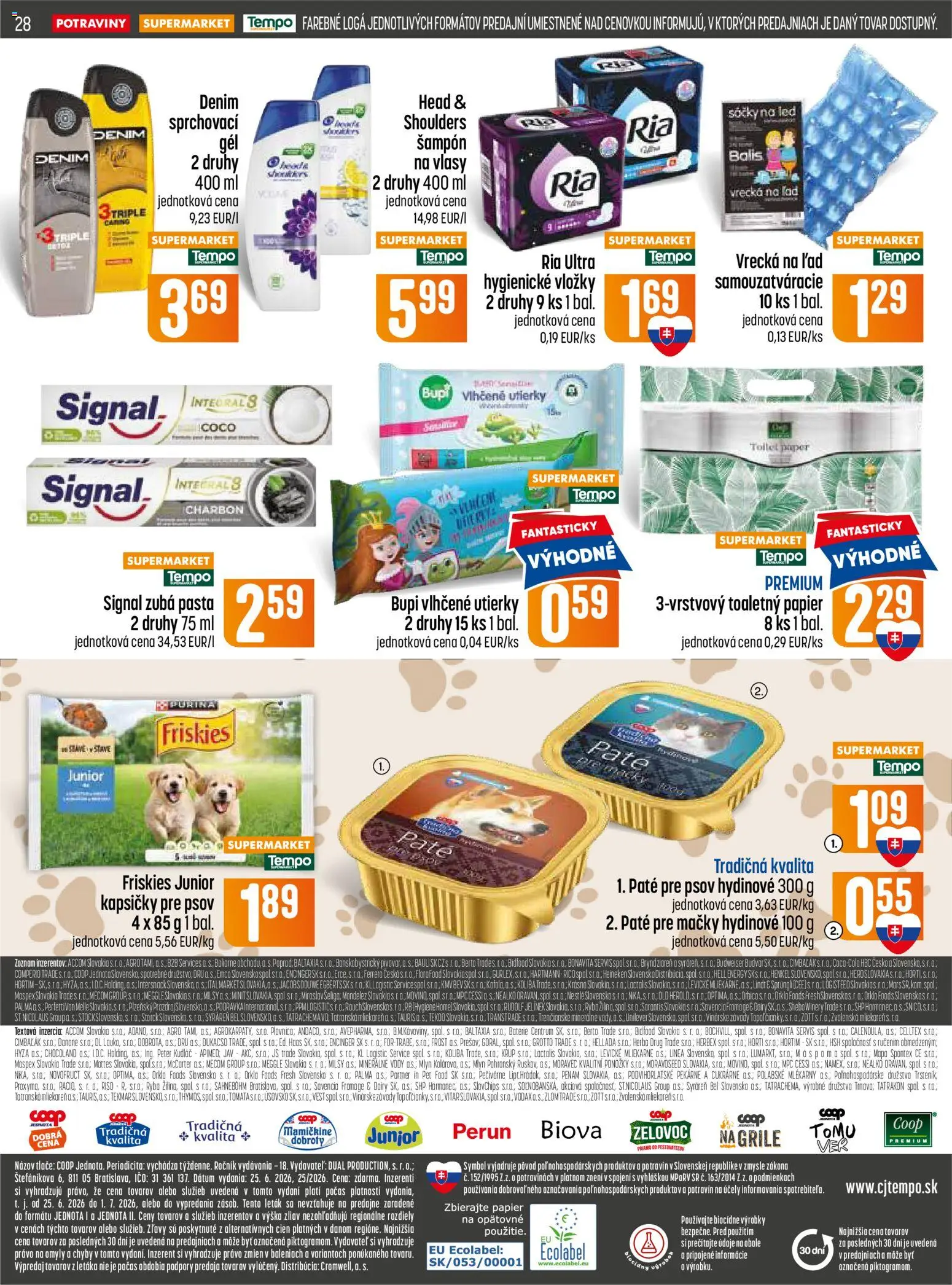 Nové COOP Jednota akcie – leták je platný od 25.06.2026 | Strana: 28 | Produkty: Friskies, Lindt, Šampón, Ponožky
