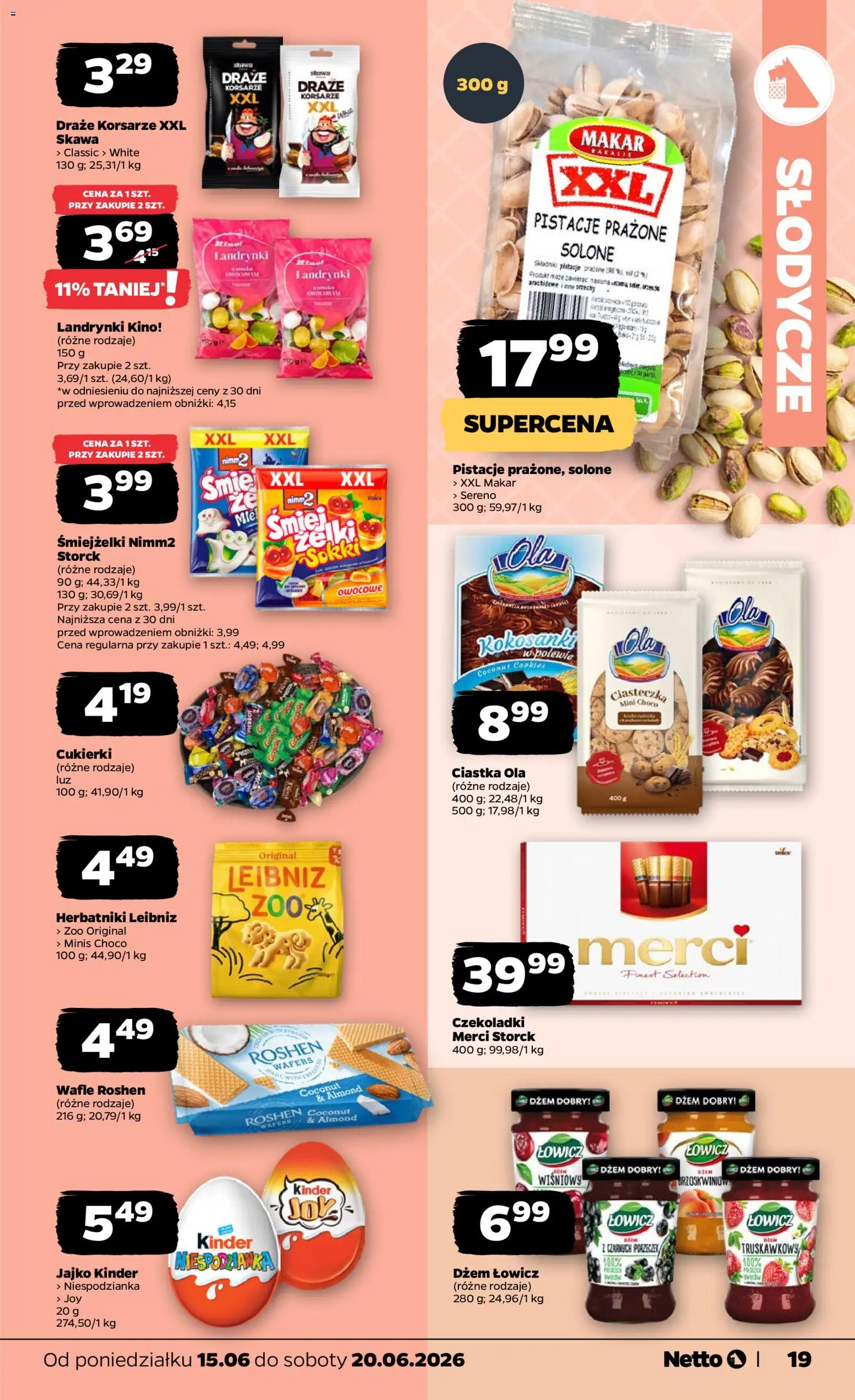 Netto gazetka od poniedziałku spożywcza od 15.06.2026 | Strona: 19 | Produkty: Słodycze, Wafle, Cukierki, Ciastka