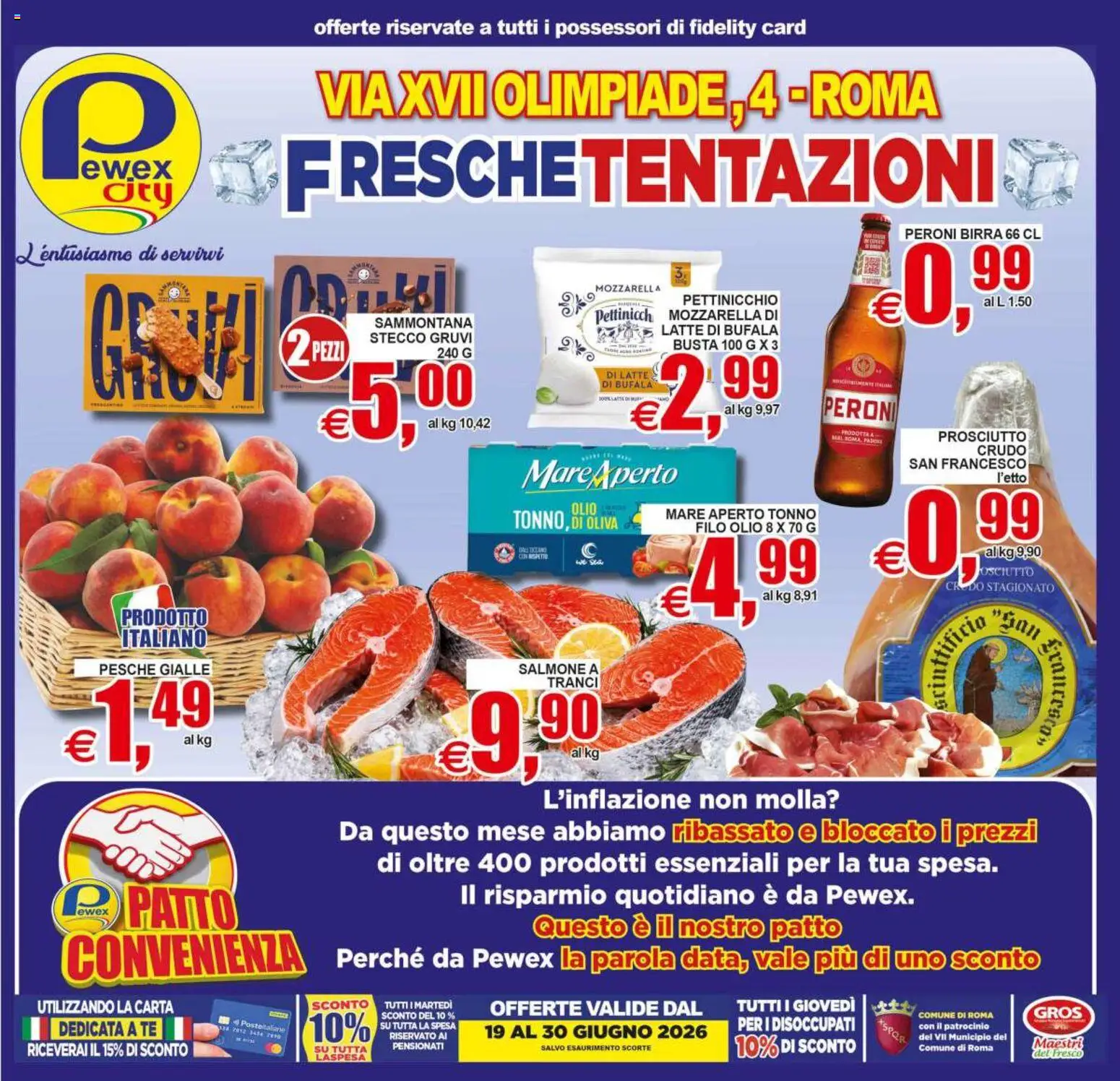 Volantino Pewex del 19/06/2026 | Pagina: 1 | Prodotti: Birra, Salmone, Mozzarella, Olio