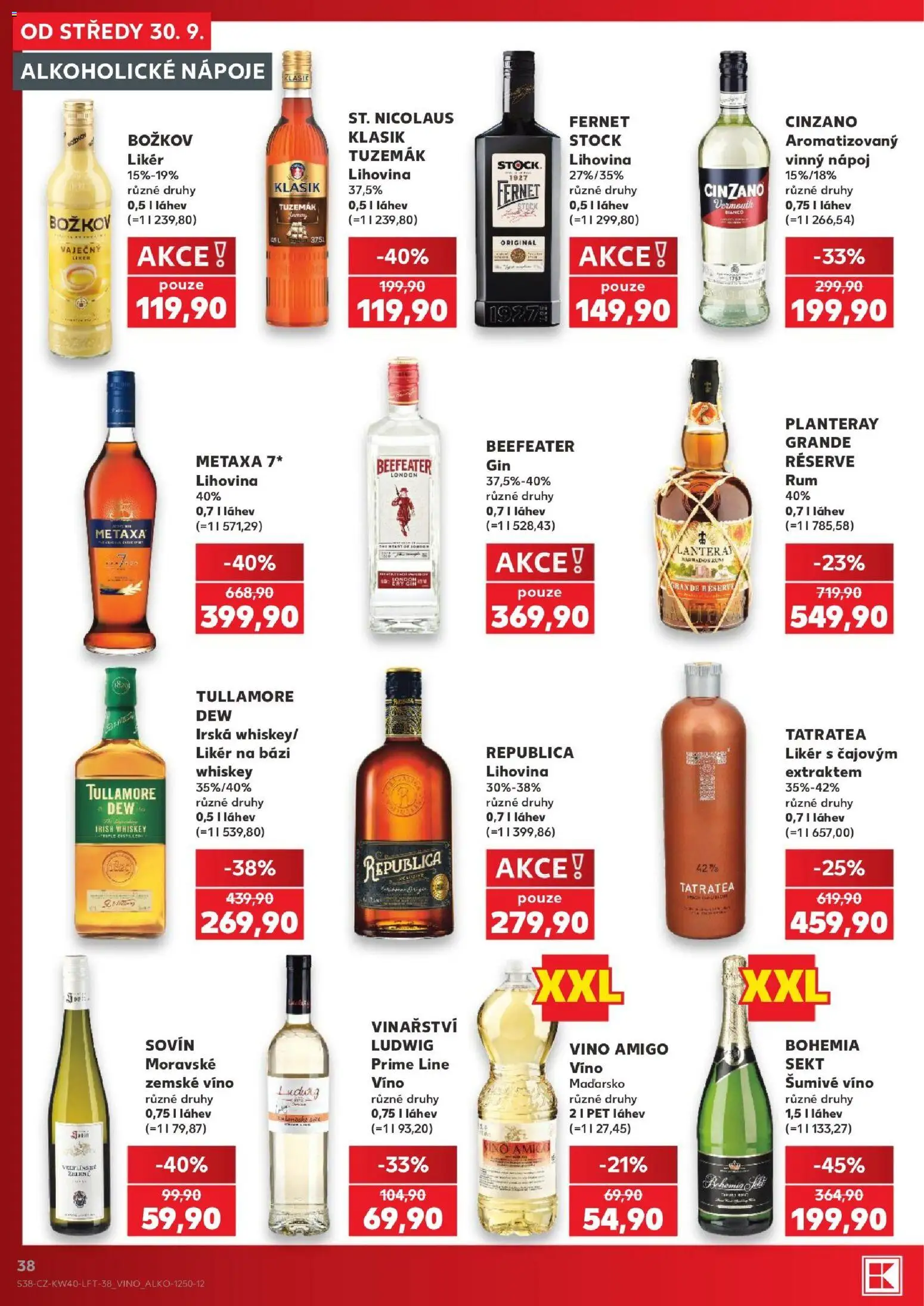 Kaufland leták - Plzeň Bory od 30.09.2026 | Strana: 38 | Produkty: Metaxa 7*, Nápoje, Fernet, Beefeater