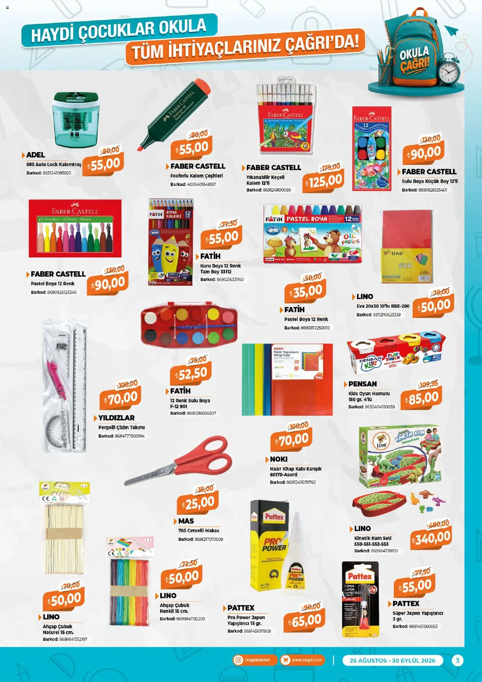 Çağrı Market - Kırtasiye Katalog - 25 Ağustos 2026 tarihinden itibaren geçerlidir | Sayfa: 3 | Ürünler: Makas, Sulu boya, Oyun hamuru, Oyun
