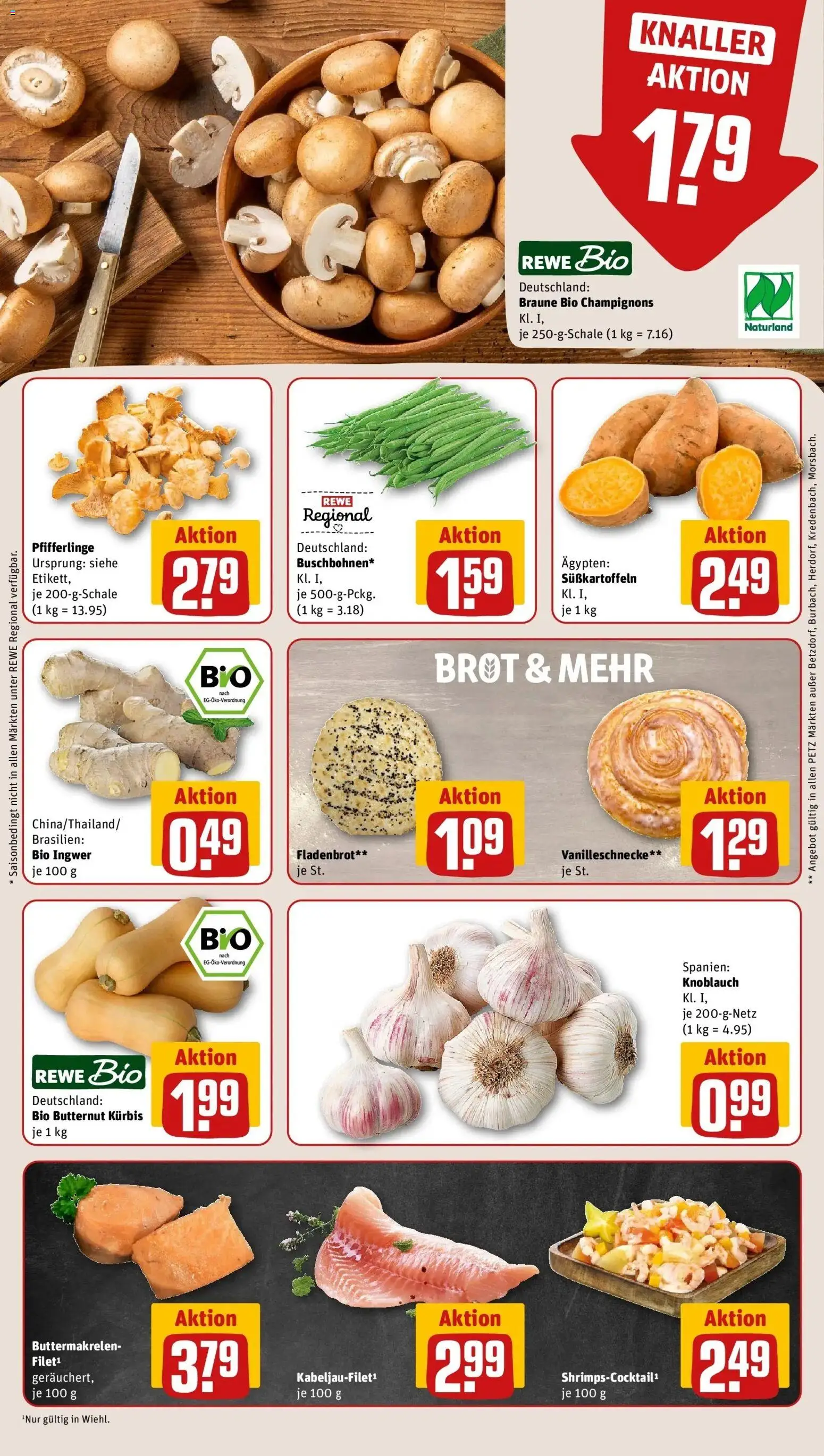 REWE Prospekt ab 31.08.2026 zum Blättern » Angebote | Seite: 9 | Produkte: Champignons, Pfifferlinge, Kürbis, Brot