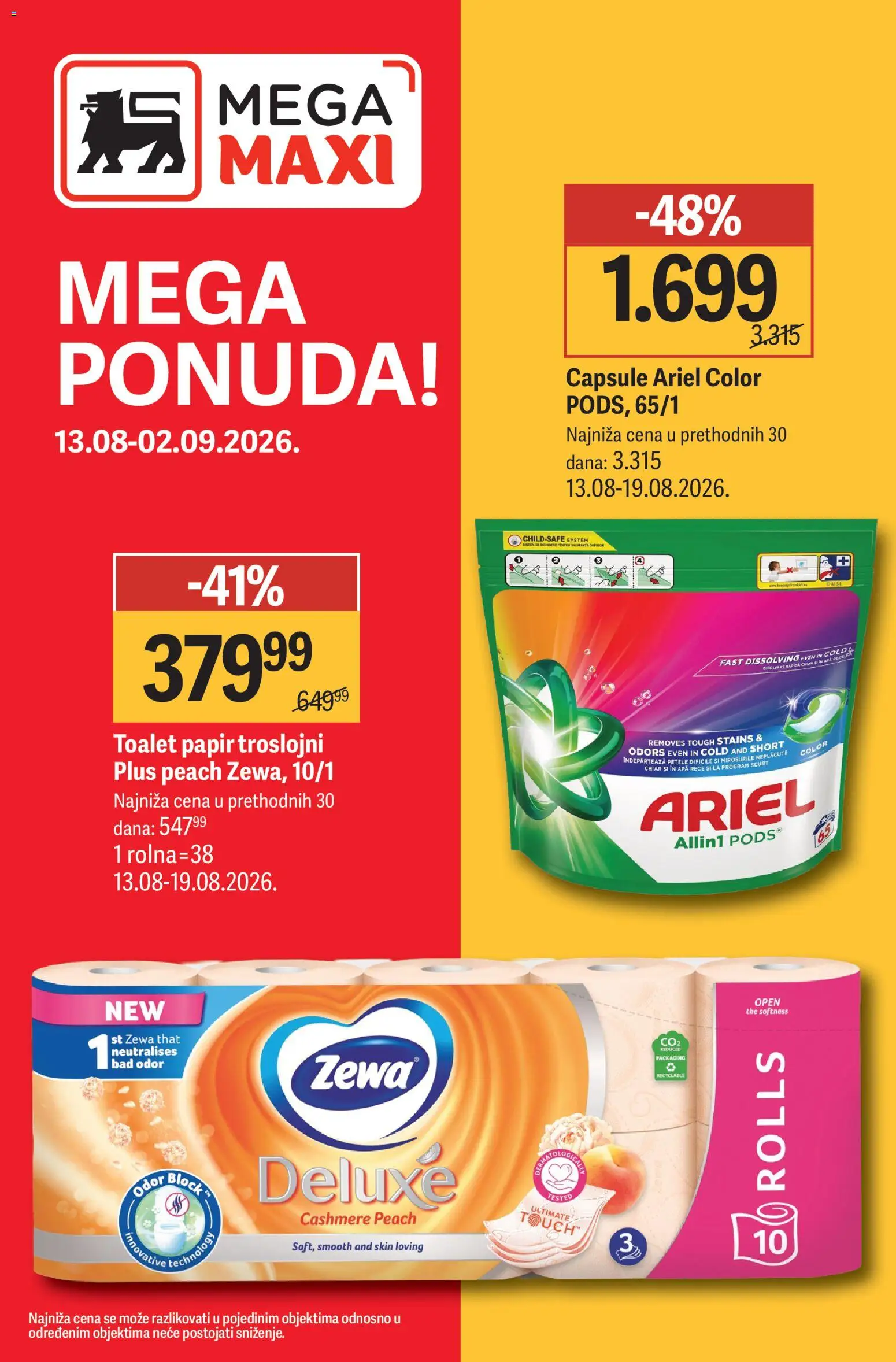 Mega Maxi katalog - važi od 13.08.2026 | Strana: 1 | Proizvode: Ariel, Toalet papir