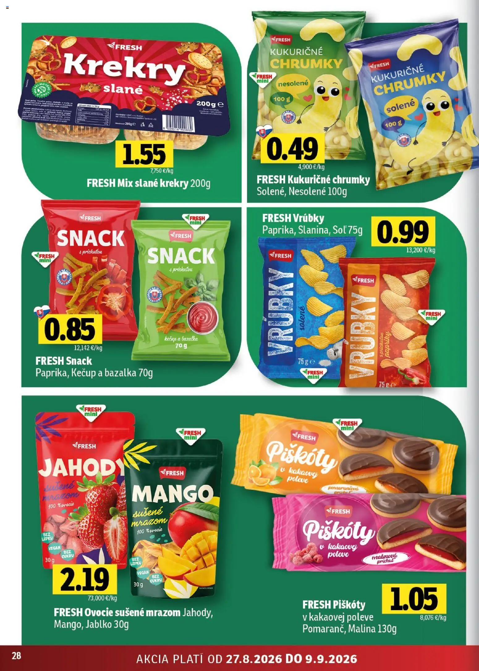Nové Fresh akcie – leták je platný od 27.08.2026 | Strana: 28 | Produkty: Krekry, Jahody, Mango, Ovocie