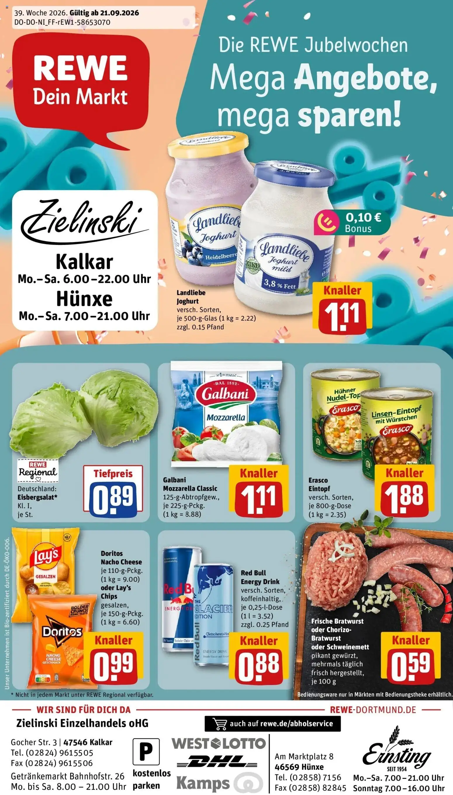 REWE Prospekt ab 21.09.2026 zum Blättern » Angebote | Seite: 1 | Produkte: Red bull, Energy, Chips, Uhr