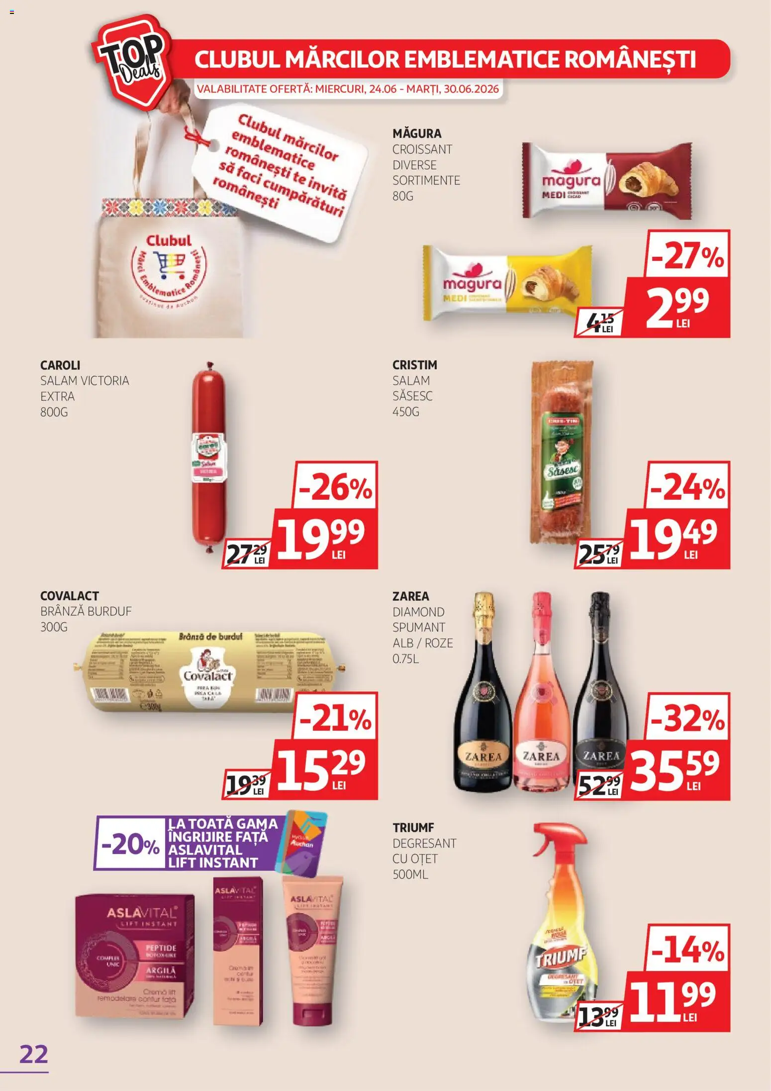 Noul catalog Auchan – valabil de la 17.06.2026 | Pagină: 22 | Produse: Brânză, Oțet, Salam