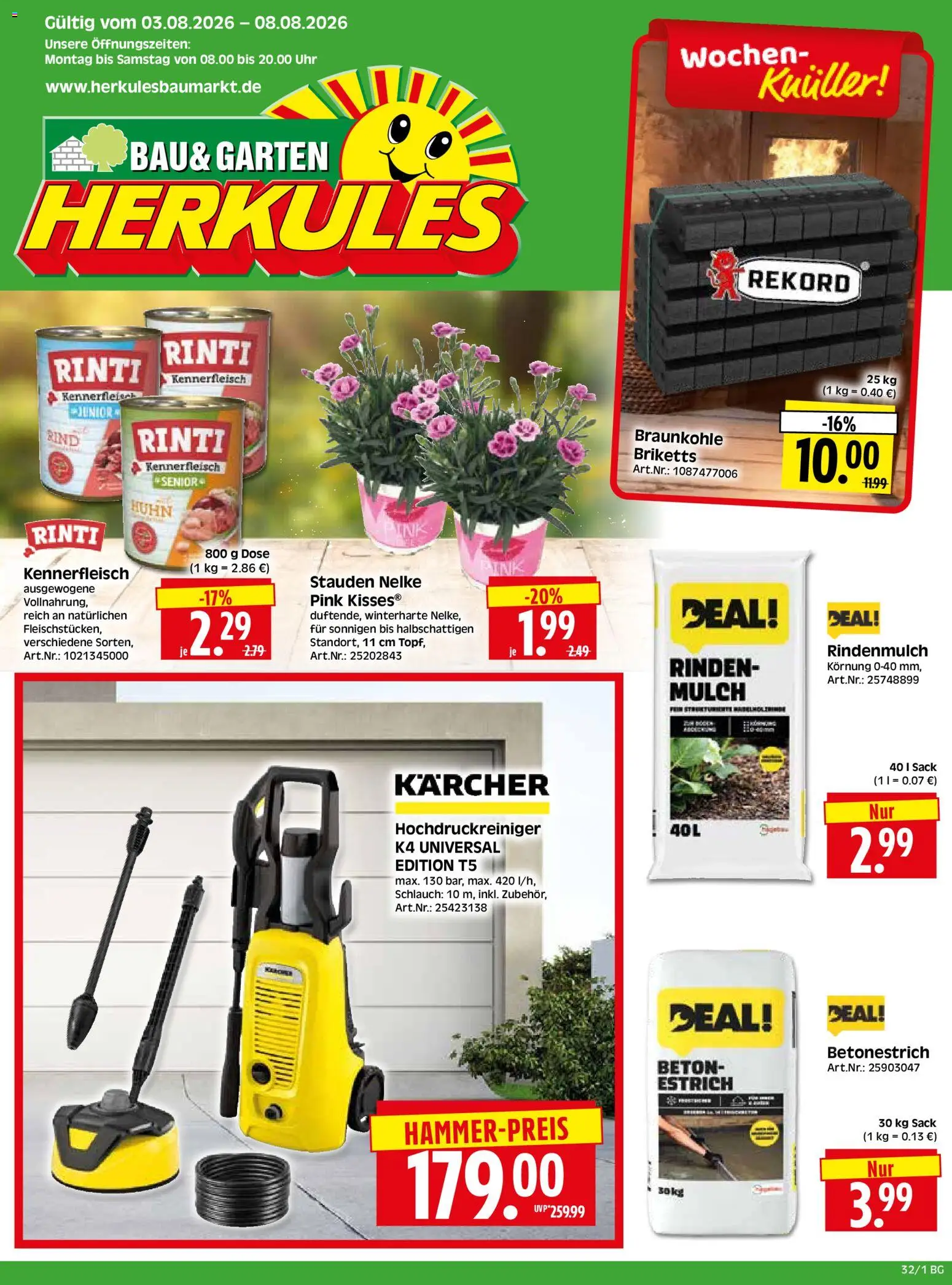 HERKULES Bau & Garten – gültig ab 03.08.2026 | Seite: 1 | Produkte: Rindenmulch, Hochdruckreiniger, Uhr