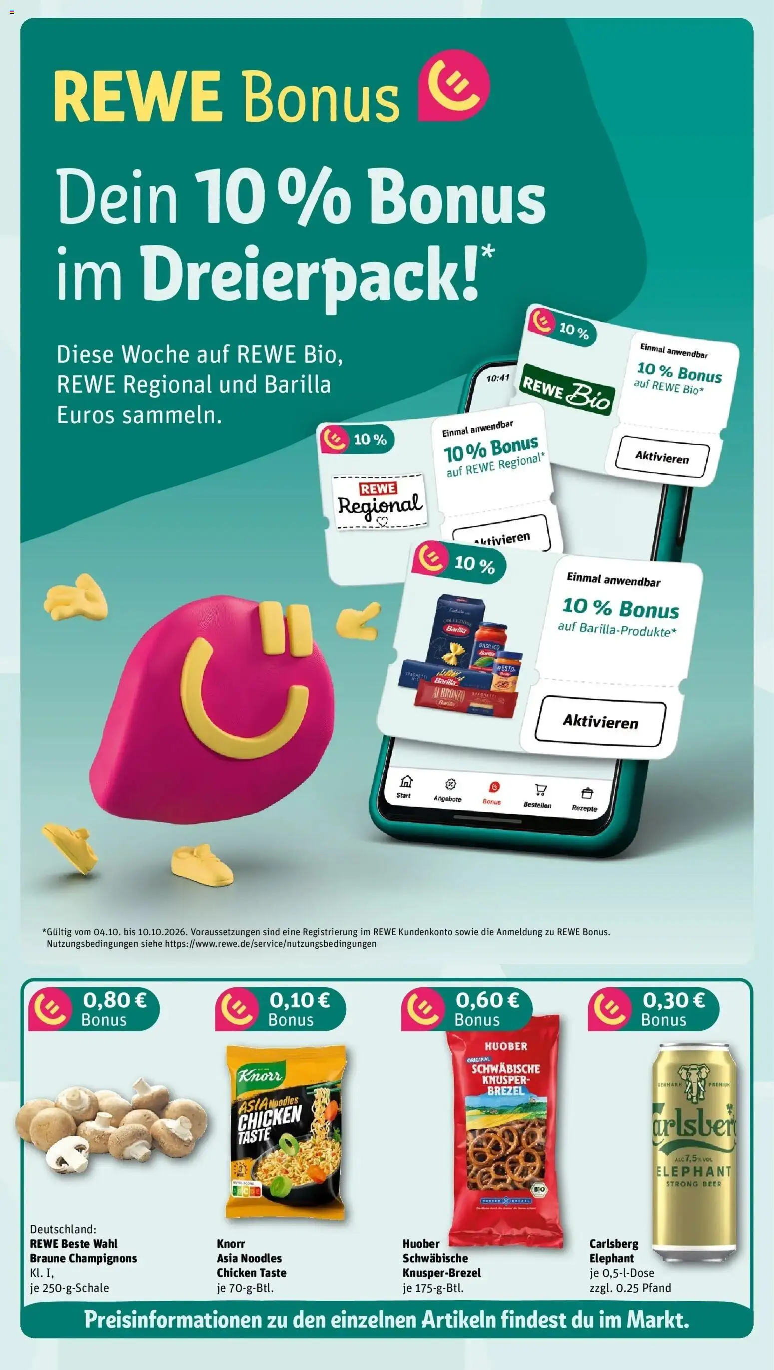 REWE Prospekt ab 05.10.2026 zum Blättern » Angebote | Seite: 5 | Produkte: Carlsberg, Barilla, Knorr, Champignons