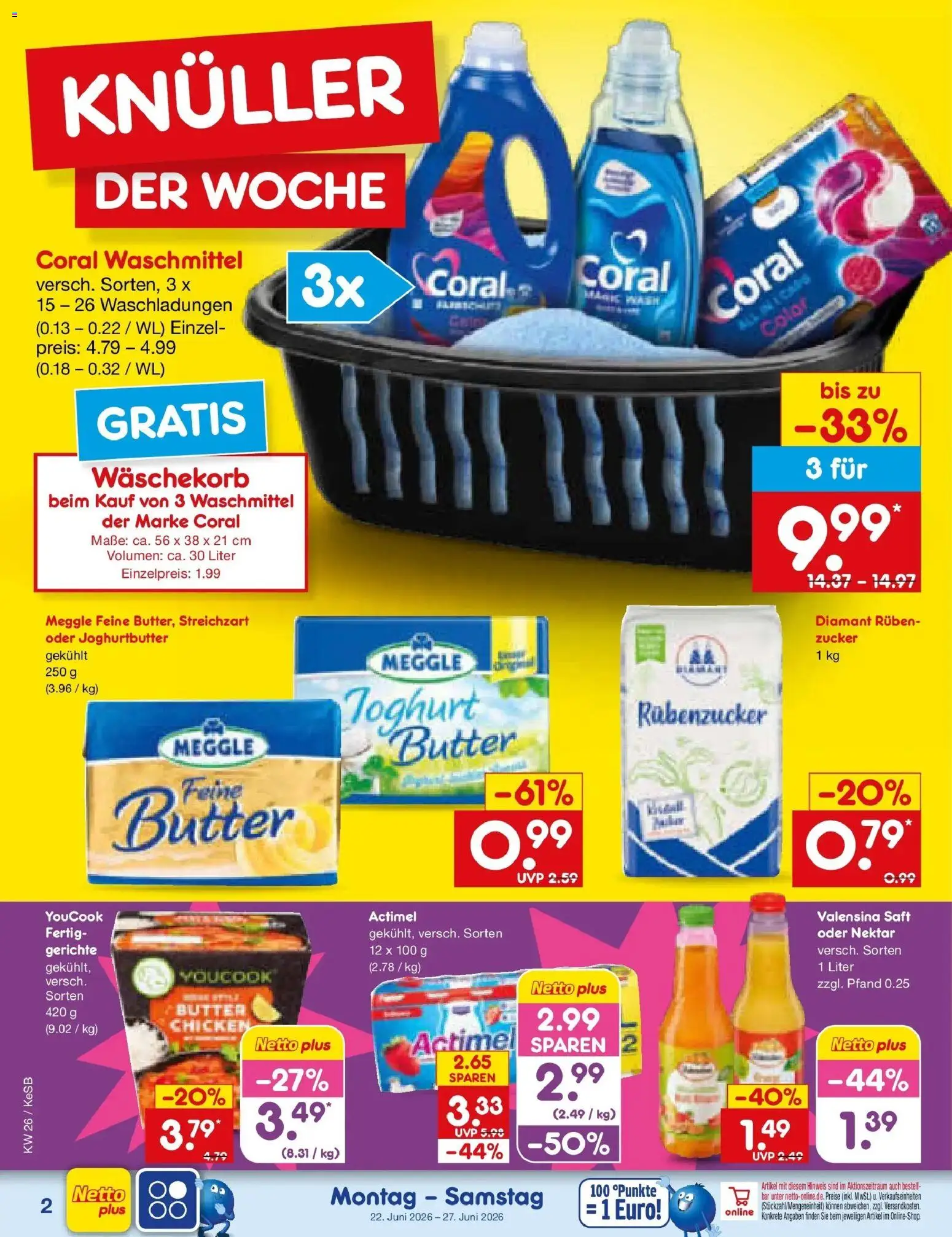 Netto Marken-Discount Prospekt Bonn – gültig ab 22.06.2026 | Seite: 2 | Produkte: Butter, Coral waschmittel, Waschmittel, Saft