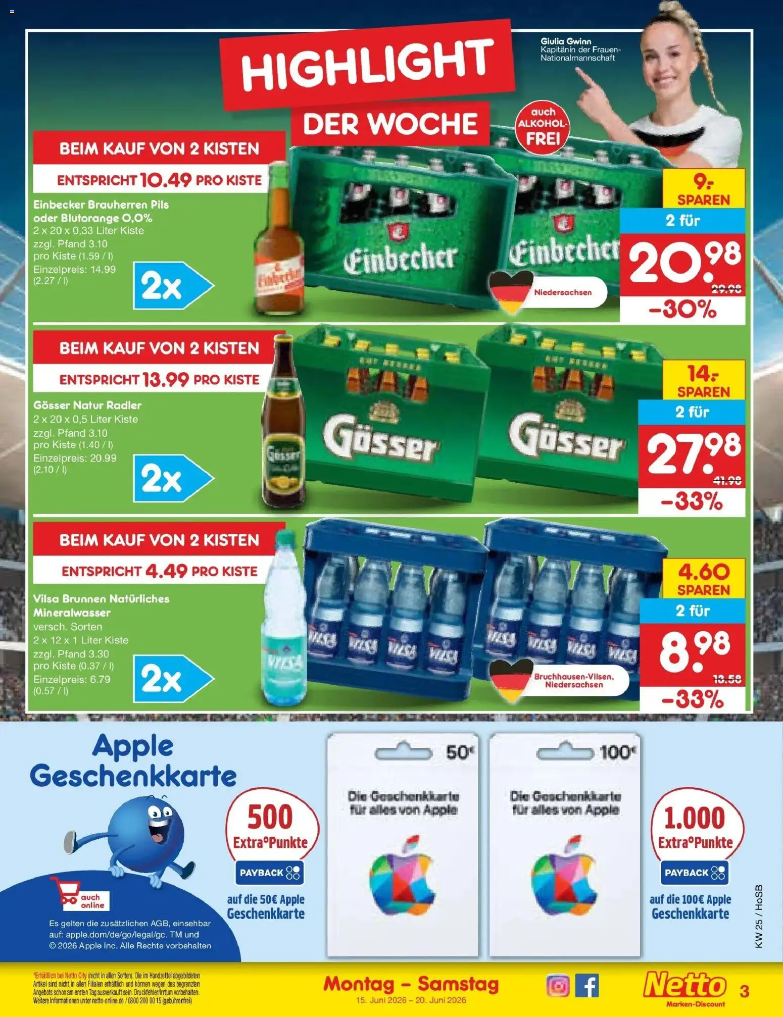 Netto Marken-Discount Prospekt Hannover – gültig ab 15.06.2026 | Seite: 3 | Produkte: Pils, Mineralwasser, Apple, Radler