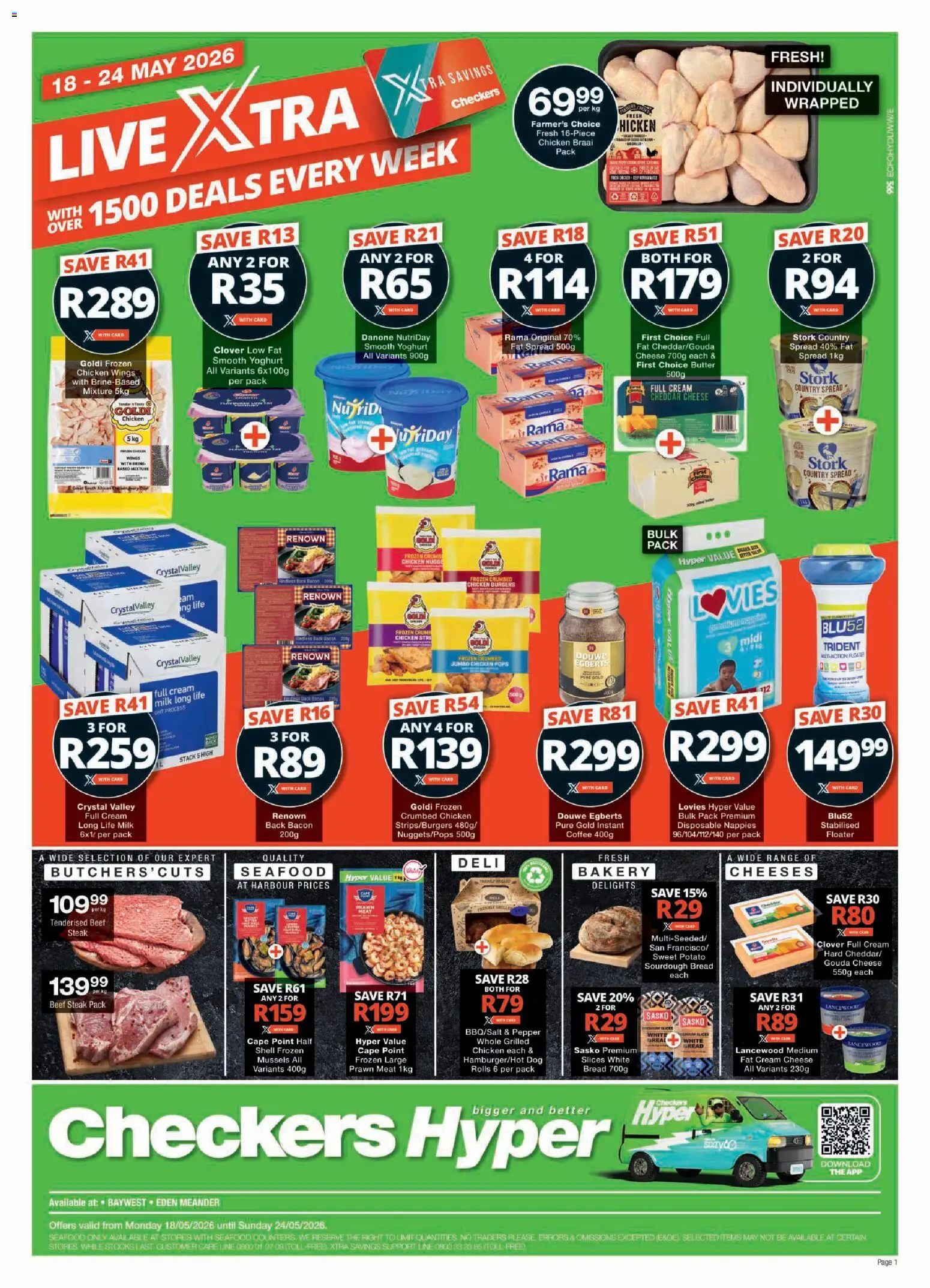 New Checkers catalogue – valid from 18.05.2026 | Page: 1 | Products: Bakery, Cheese, Burgers, Fat spread
