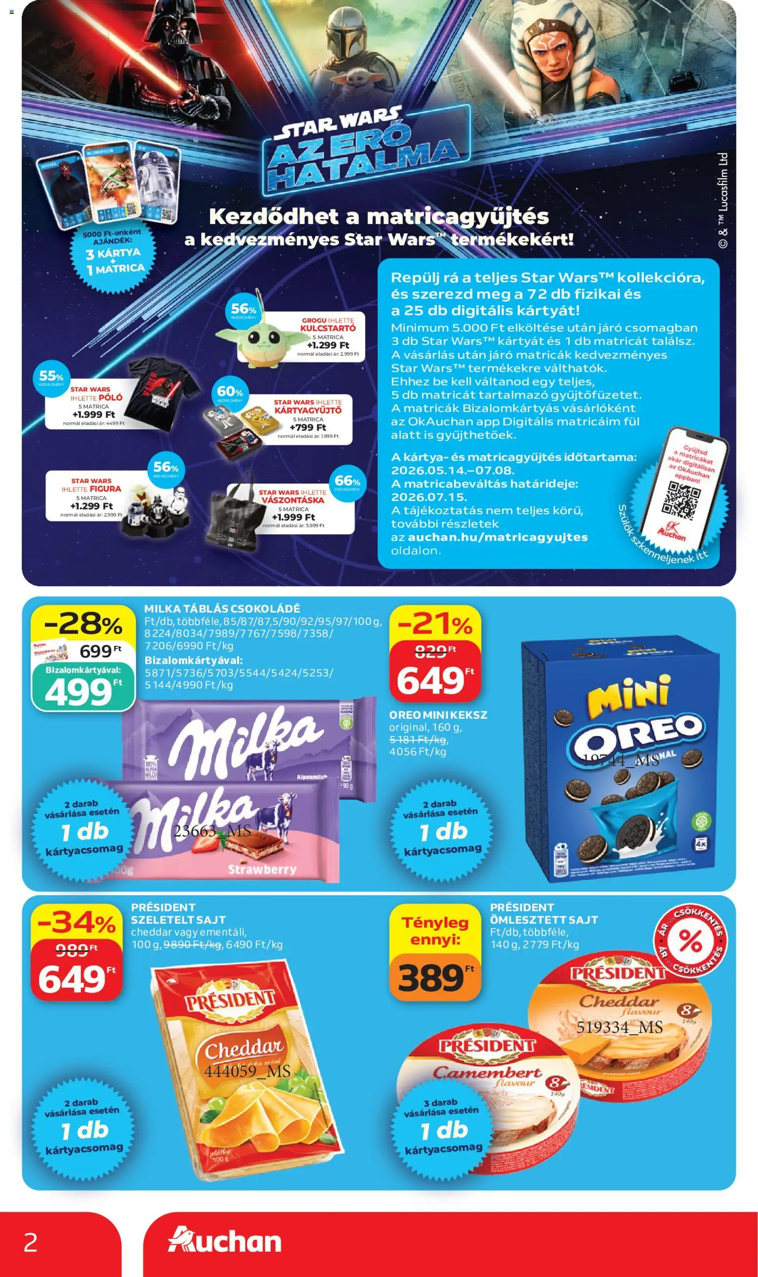 Auchan akciós ujság - amely érvényes a következő dátumtól: 2026.07.02. | Oldal: 2 | Termékek: Sajt, Csokoládé, Szeletelt sajt, Keksz