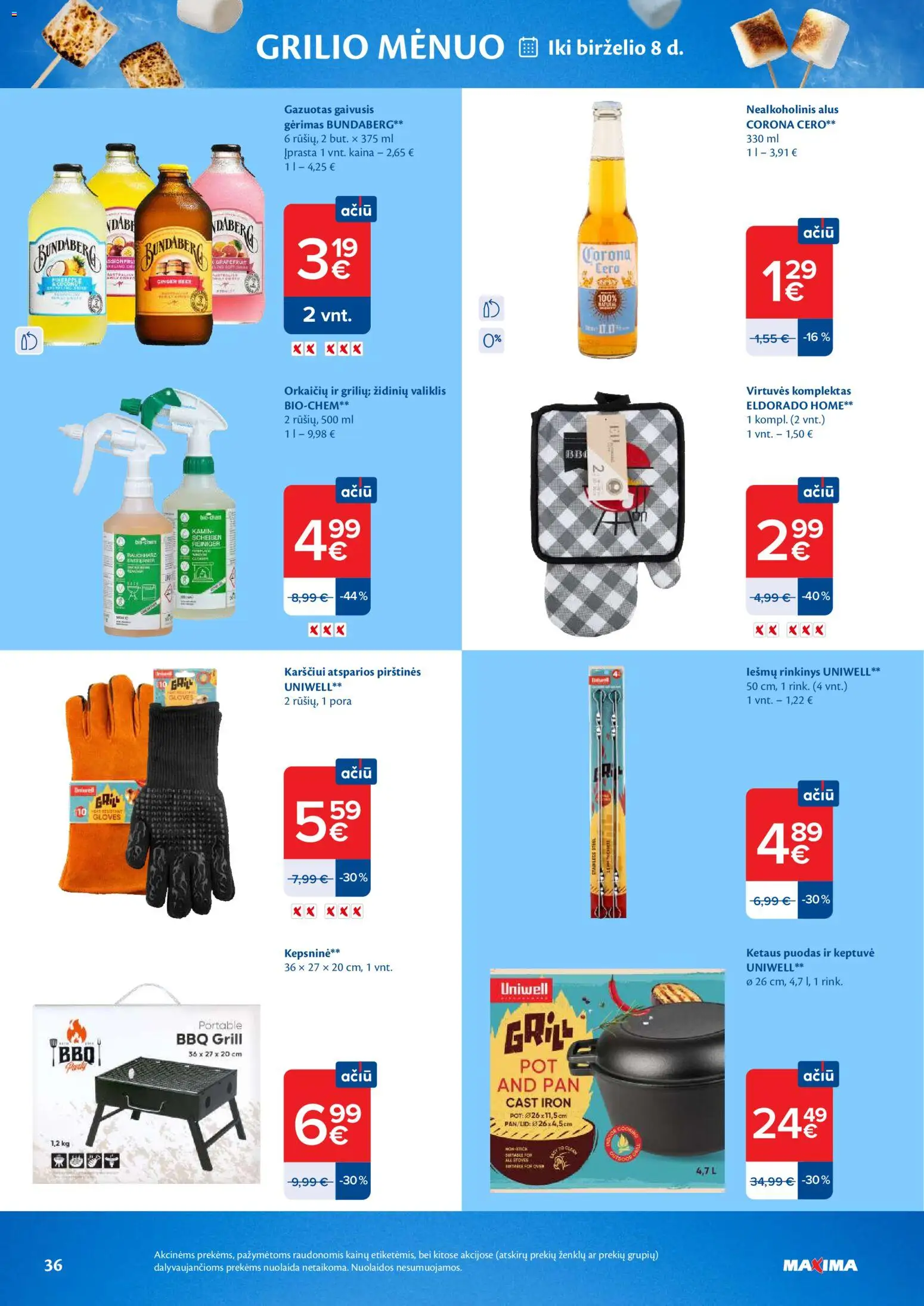 MAXIMA akcijos nuo 19.05.2026 | Puslapis: 36 | Prekių: Gaivusis gėrimas, Keptuvė, Nealkoholinis alus, Pirštines