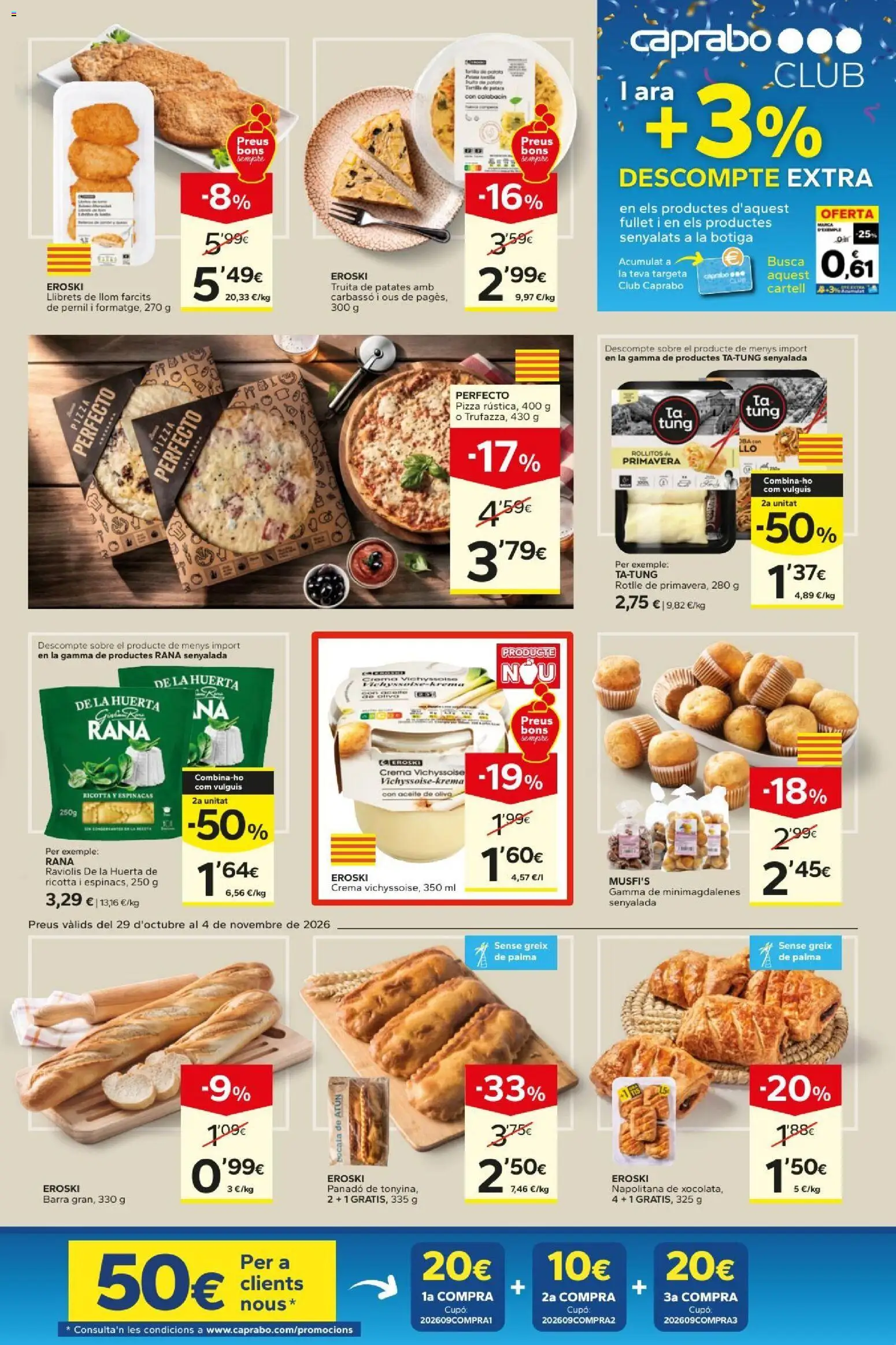 Caprabo folleto │ válido desde el 29/10/2026 | Página: 3 | Productos: Pizza, Espinacas, Aceite de oliva, Ricotta