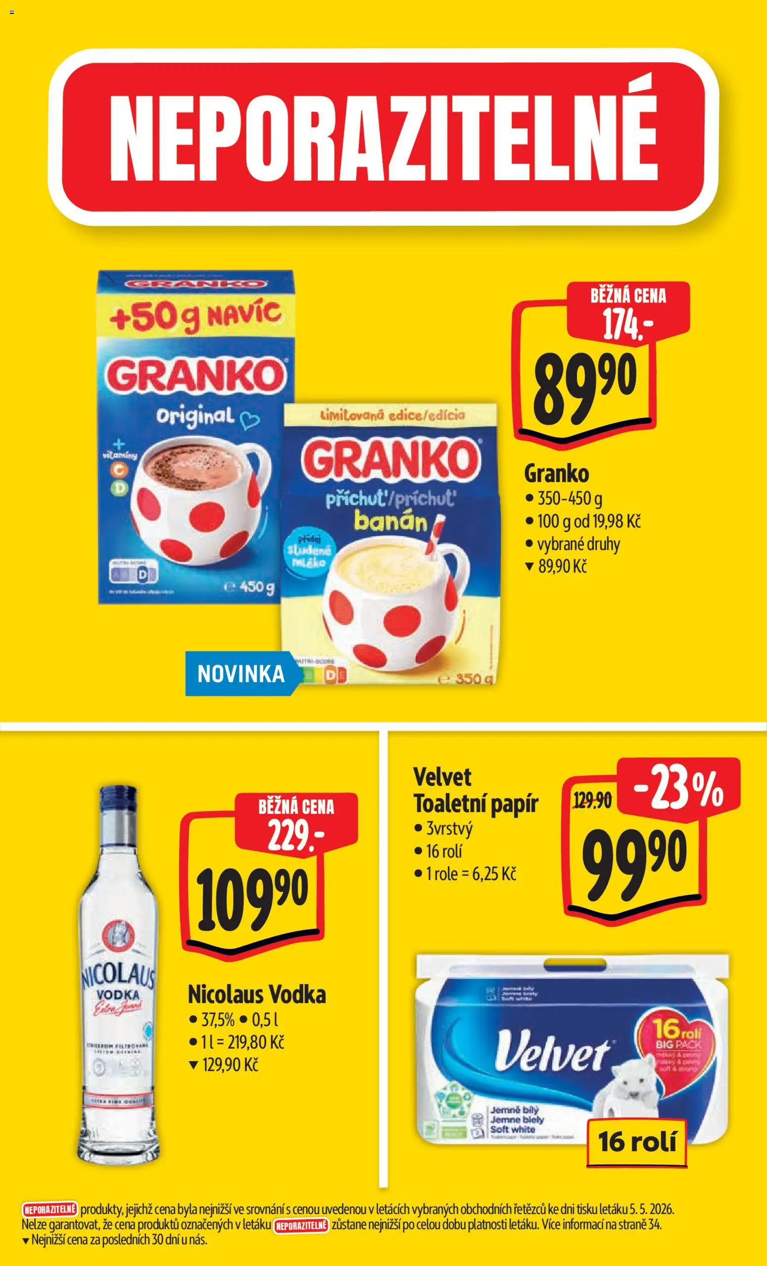 Albert leták - Hypermarket od 13.05.2026 | Strana: 5 | Produkty: Vodka, Toaletní papír, Banán, Velvet