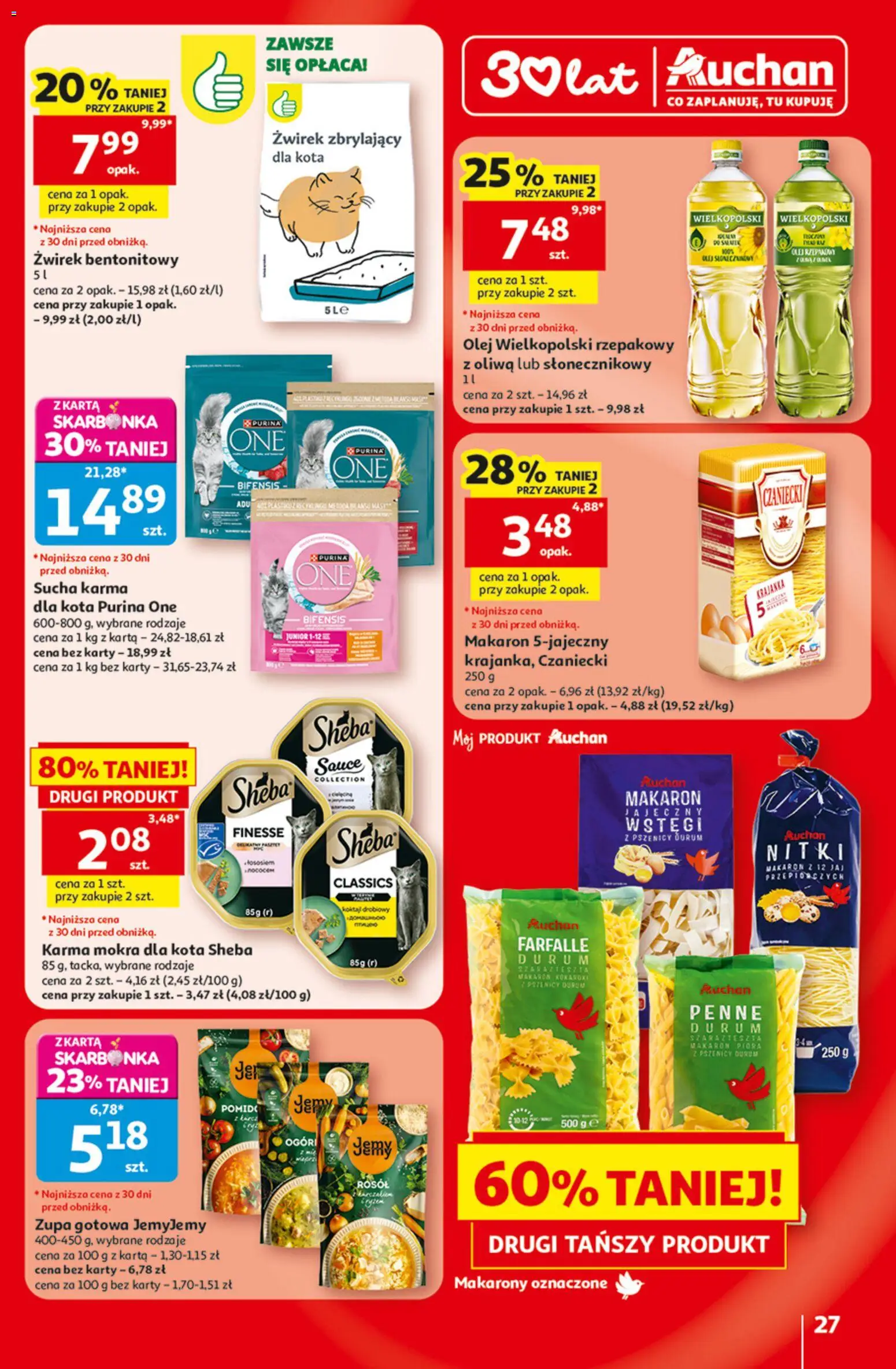 Auchan gazetka - 30 Lat Hipermarket od 30.07.2026 | Strona: 27 | Produkty: Karma mokra dla kota, Olej wielkopolski, Zupa, Żwirek bentonitowy