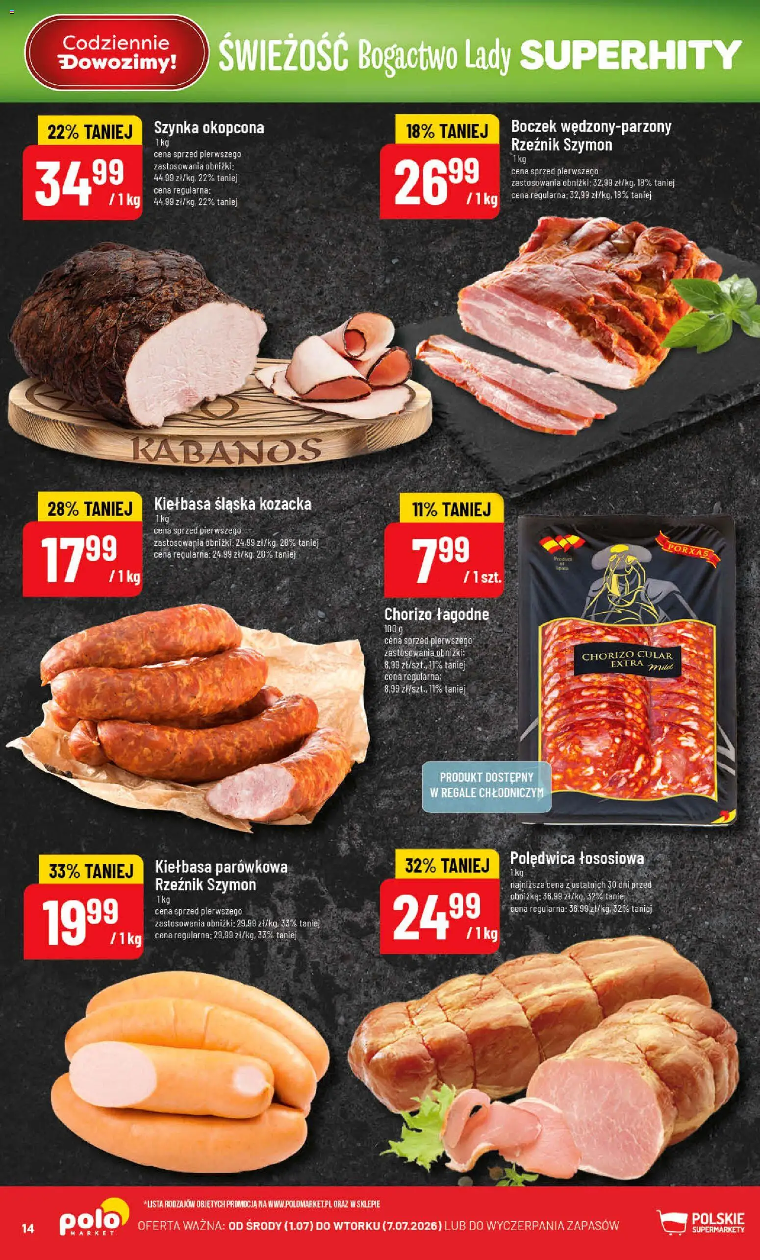 POLOmarket gazetka od 01.07.2026 | Strona: 14 | Produkty: Kiełbasa, Szynka, Kiełbasa śląska, Boczek