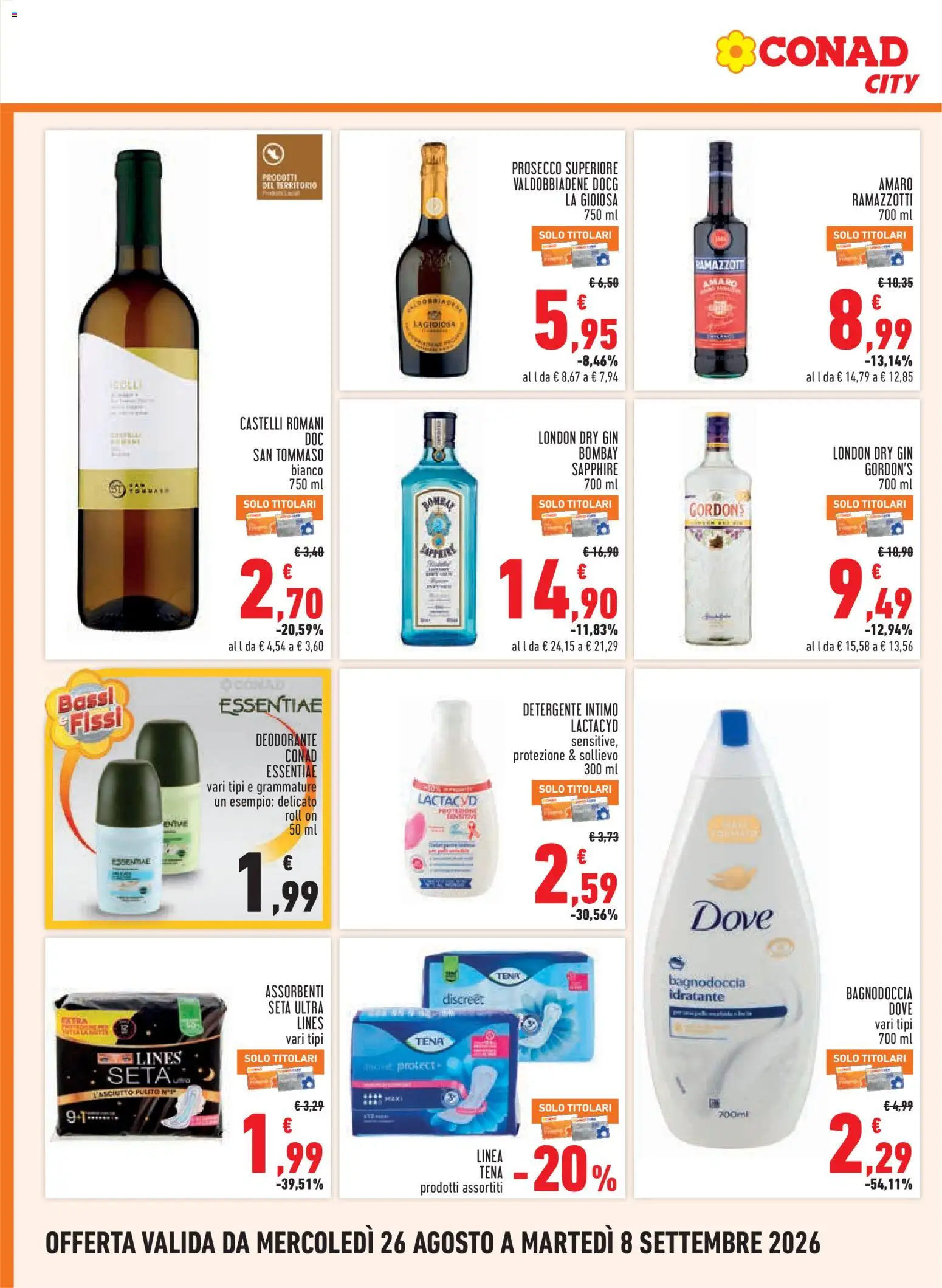 Volantino Conad del 26/08/2026 | Pagina: 16 | Prodotti: Deodorante, Detergente, Intimo, Gin Bombay