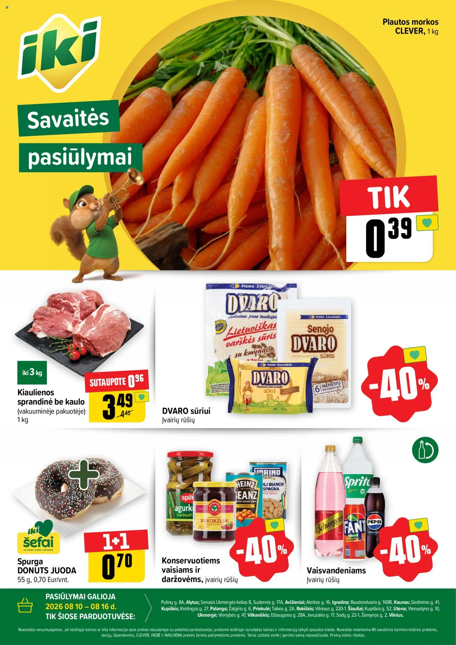 IKI akcijos nuo 2026.08.10 | Puslapis: 1 | Prekių: Varškės sūris, Kiaulienos, Spurga, Sūris