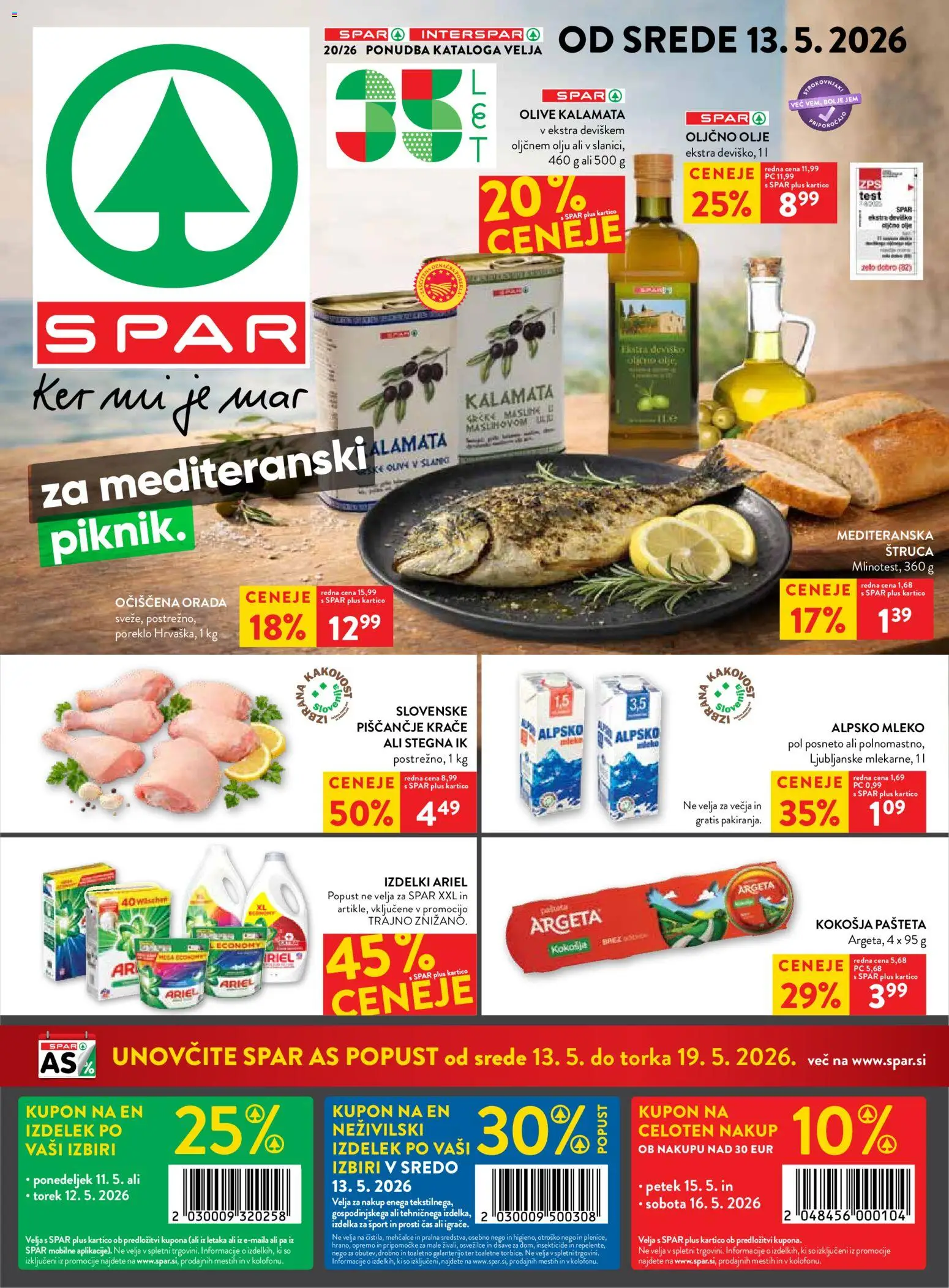 Novi Spar katalog ponudbe – veljaven od 13.05.2026 | Stran: 1 | Izdelki: Oljčno olje, Olive, Mleko, Orada