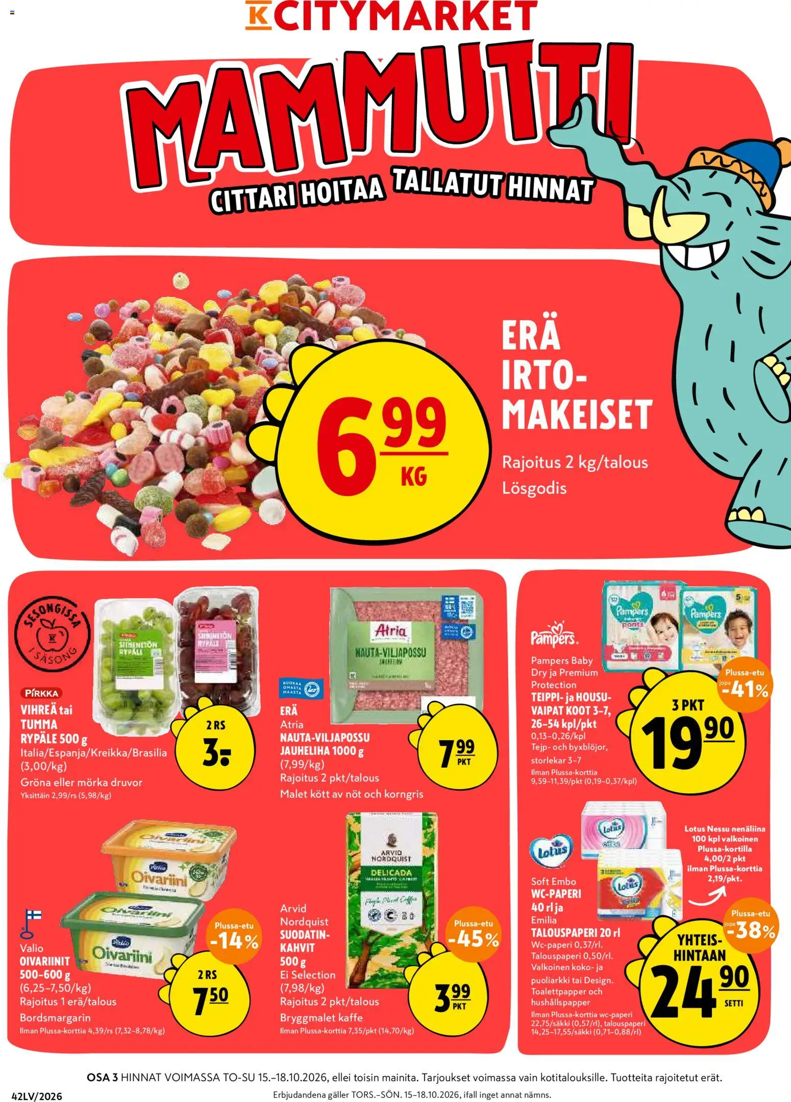 K-Citymarket tarjoukset – voimassa 15/10/2026 alkaen | Sivu: 1 | Tuotteet: Vaipat, Jauheliha, Lotus, Teippi