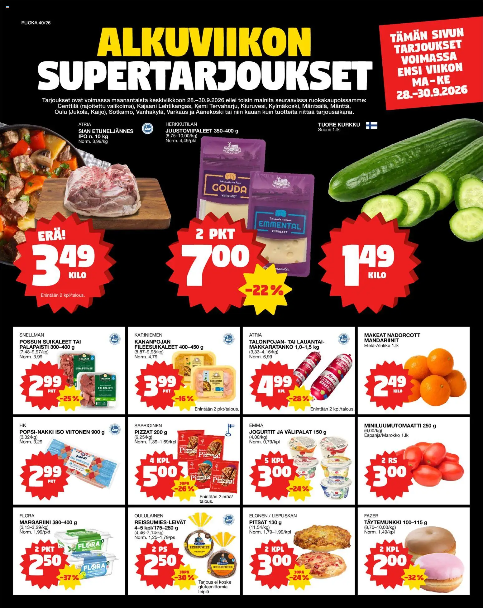 Tokmanni Ruokasanomat – voimassa 28/09/2026 alkaen | Sivu: 1 | Tuotteet: Makkara, Margariini, Kurkku, Mandariinit
