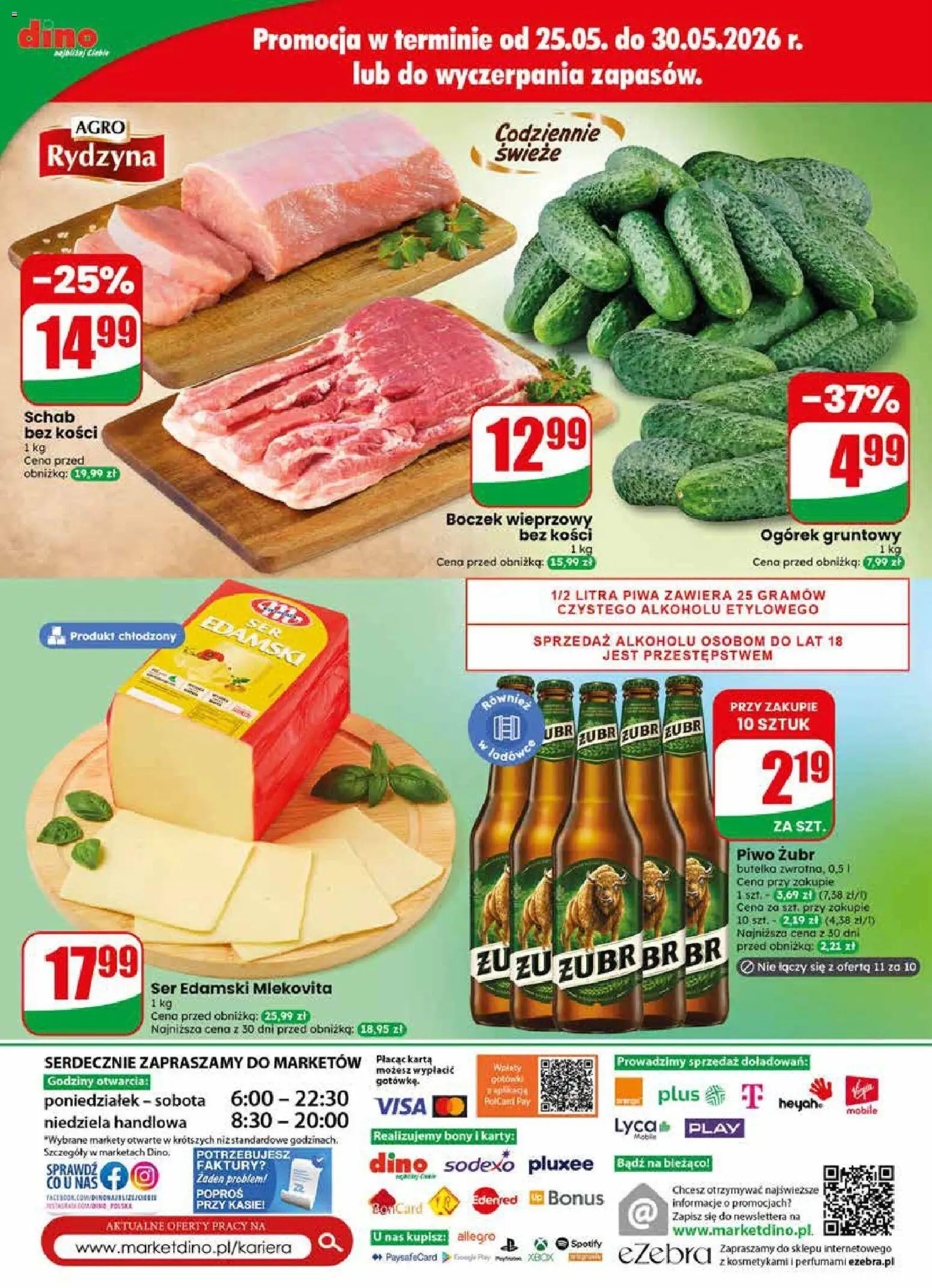 Dino gazetka od 27.05.2026 | Strona: 72 | Produkty: Piwo żubr, Boczek wieprzowy, Ser, Ser edamski