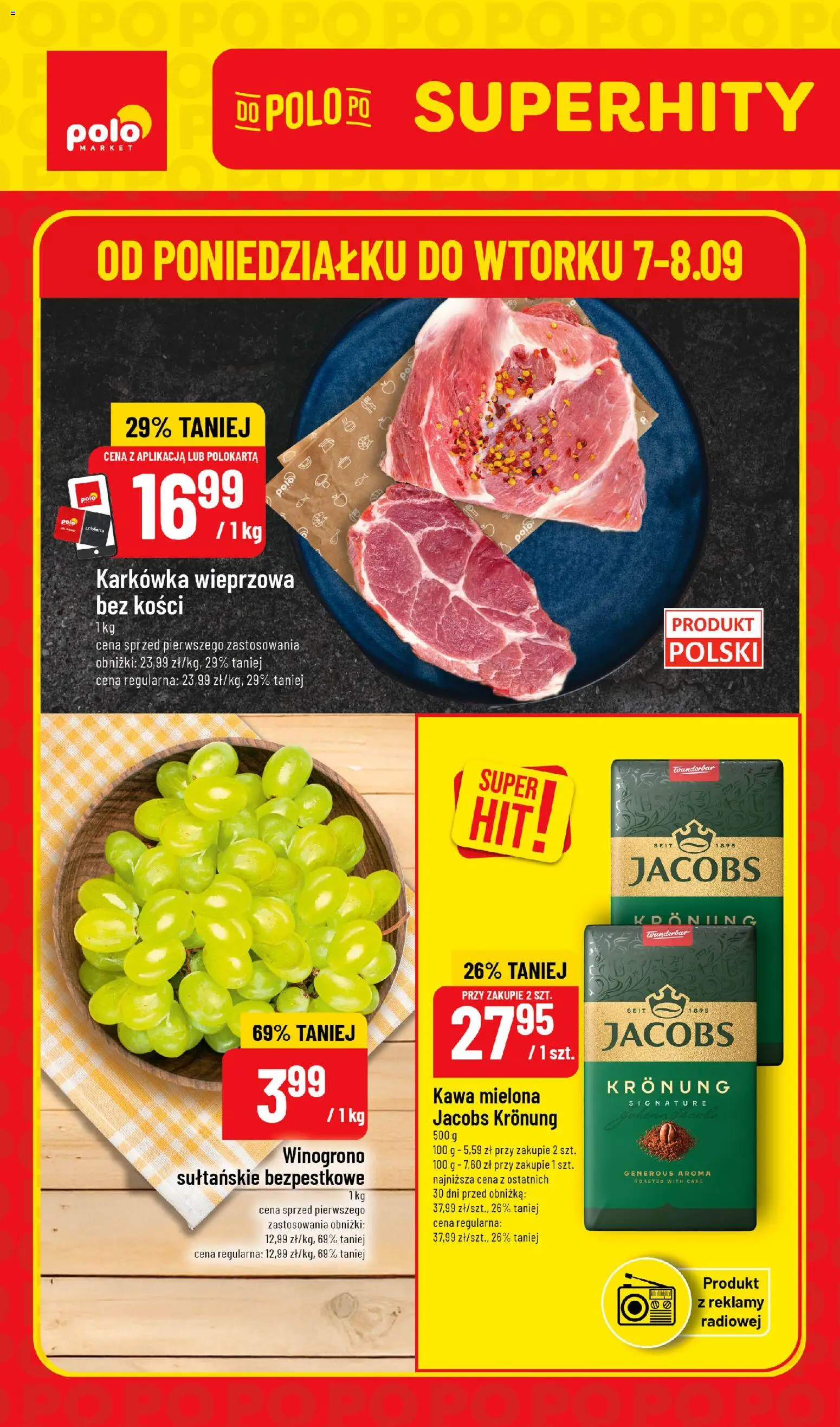 Nowa POLOmarket gazetka od jutra 07.09.2026 | Strona: 1 | Produkty: Winogrono, Karkówka, Karkówka wieprzowa, Kawa