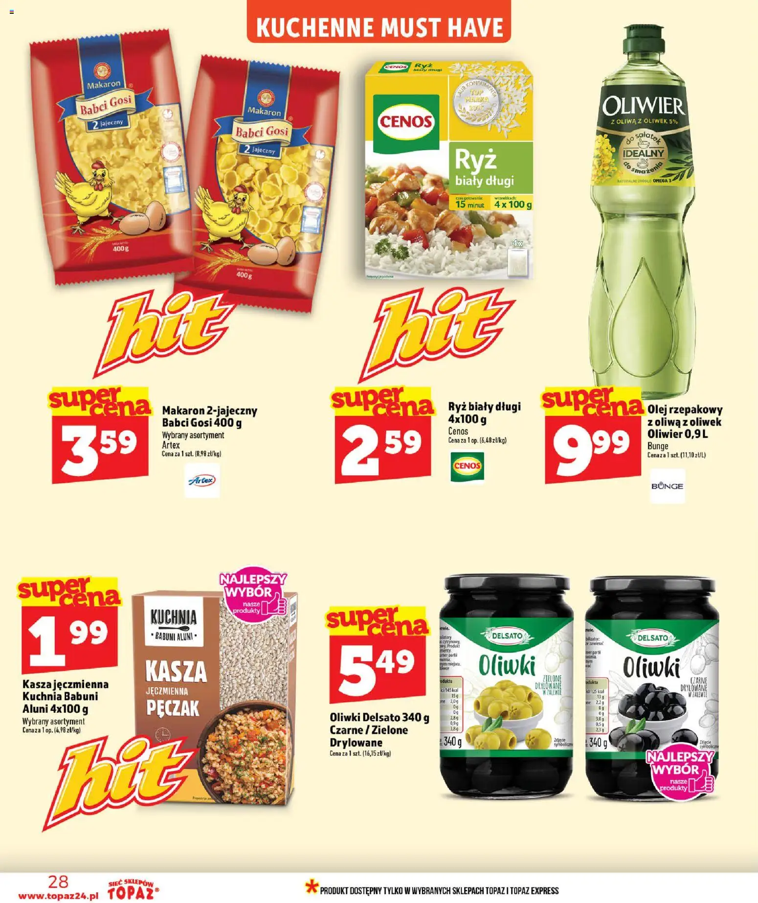 Topaz gazetka - MAZ od 02.07.2026 | Strona: 28 | Produkty: Kasza, Oliwa z oliwek, Kasza jęczmienna, Makaron