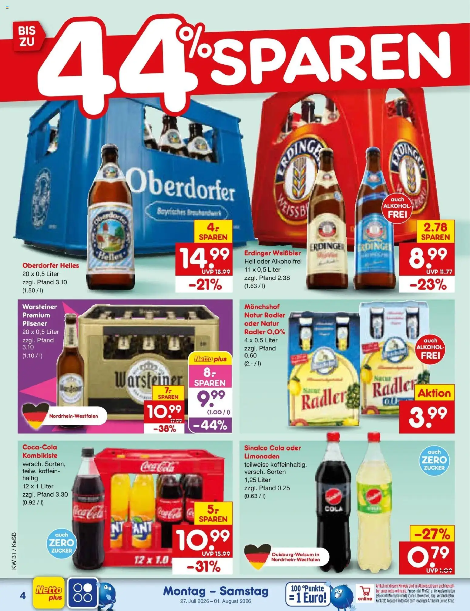 Netto Marken-Discount Prospekt Kruft – gültig ab 27.07.2026 | Seite: 4 | Produkte: Sinalco, Monchshof, Erdinger, Zucker