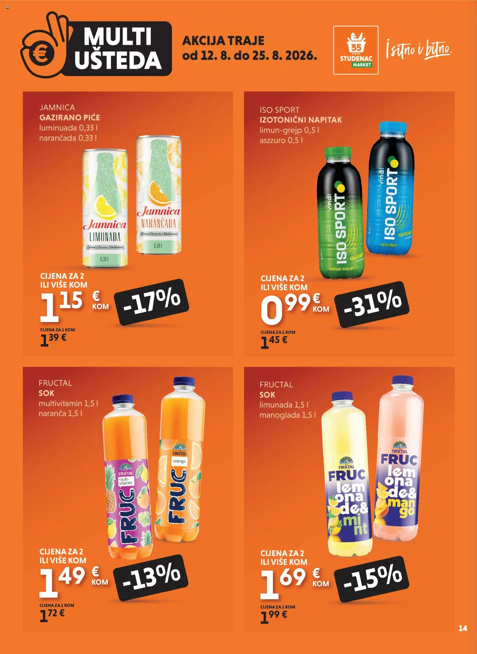 Studenac katalog | vrijedi od 12.08.2026 | Stranica: 14 | Proizvodi: Jamnica, Napitak, Multivitamin, Limunada