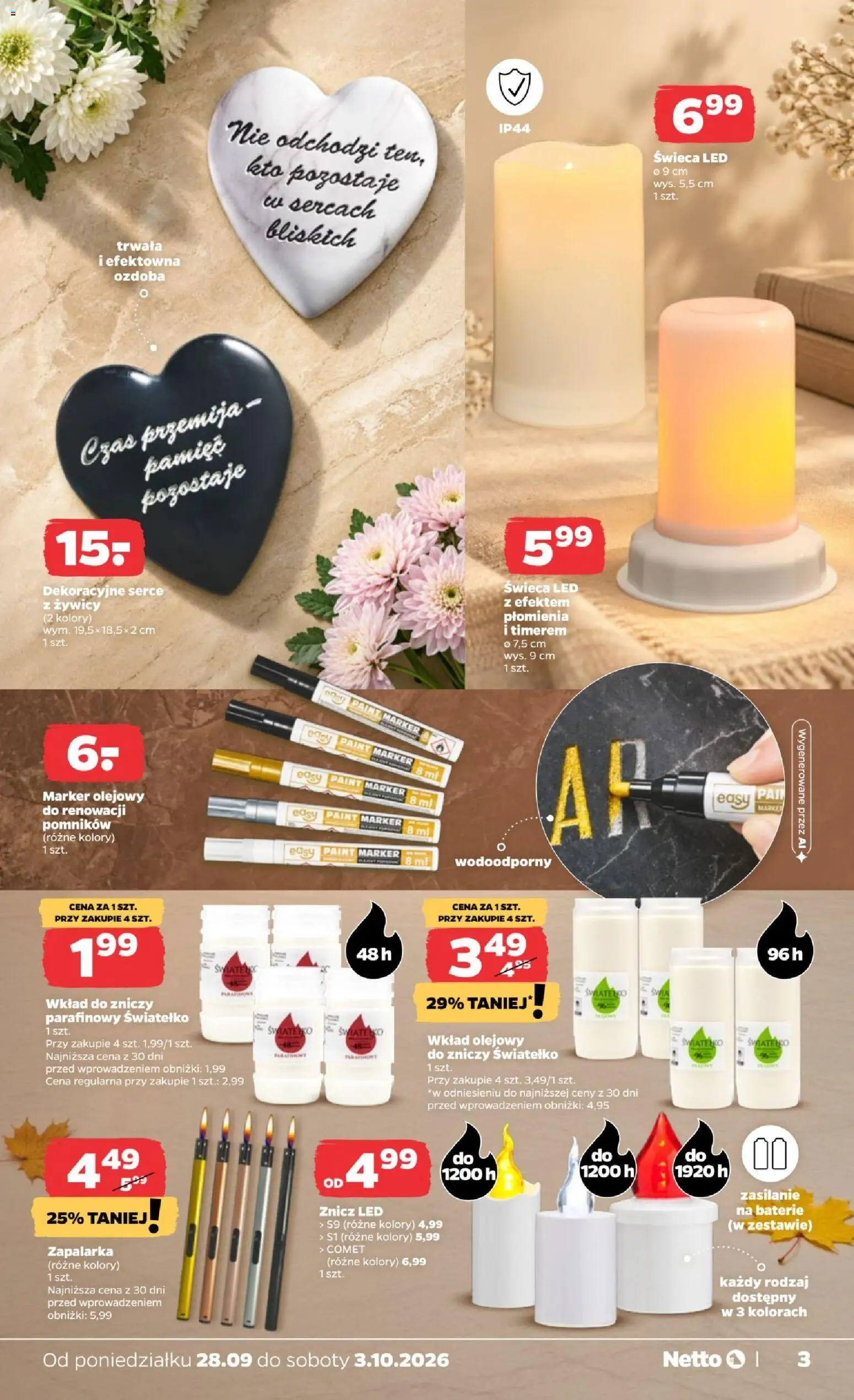 Netto gazetka od poniedziałku NonFood od 28.09.2026 | Strona: 3 | Produkty: Znicz LED, Świeca, Baterie